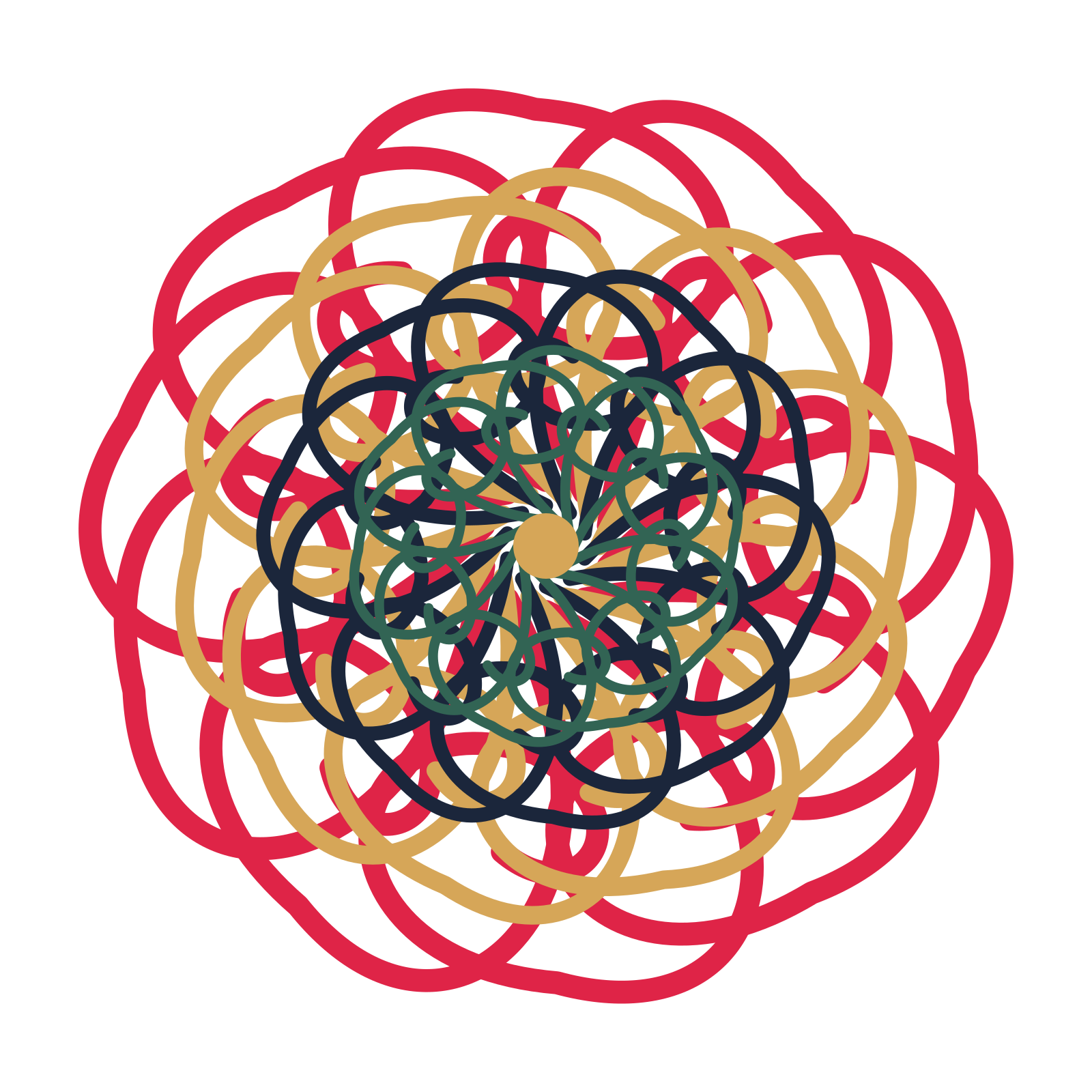 A layered spiral rosette with 10-fold radial symmetry and 4 alternating rings of petals.