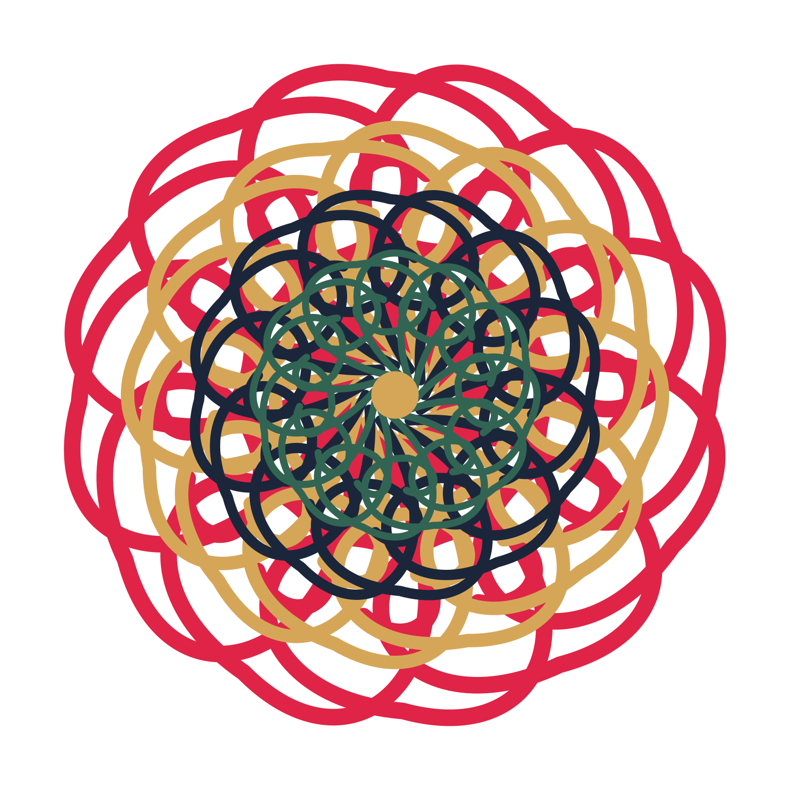A layered spiral rosette with 12-fold radial symmetry and 4 alternating rings of petals.