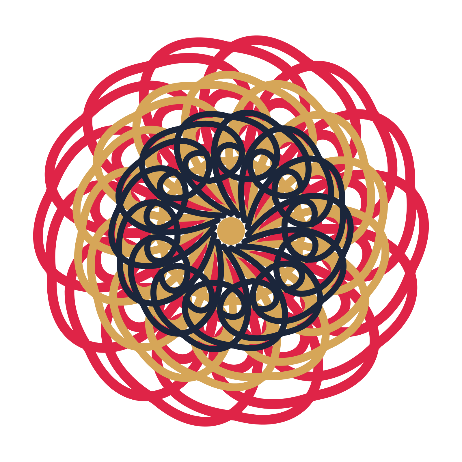A layered spiral rosette with 14-fold radial symmetry and 3 alternating rings of petals.