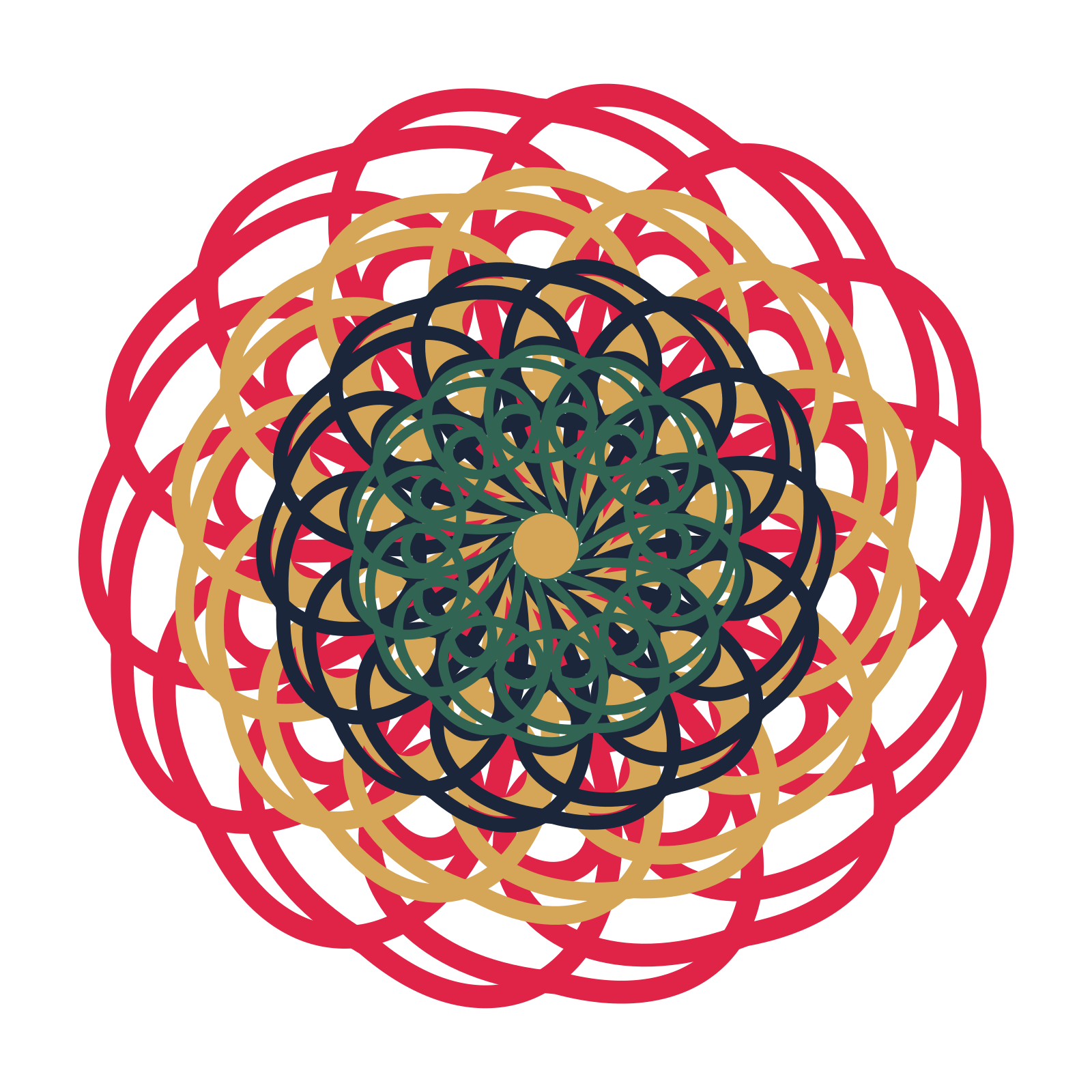 A layered spiral rosette with 14-fold radial symmetry and 4 alternating rings of petals.