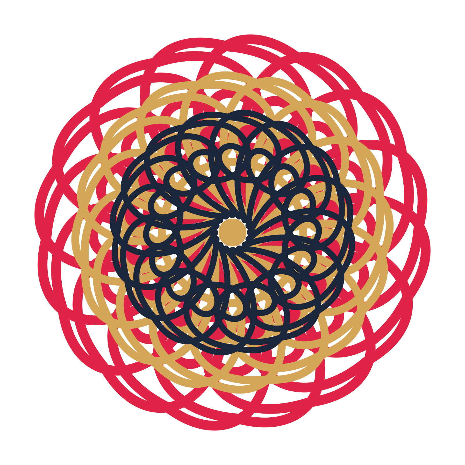 A layered spiral rosette with 16-fold radial symmetry and 3 alternating rings of petals.