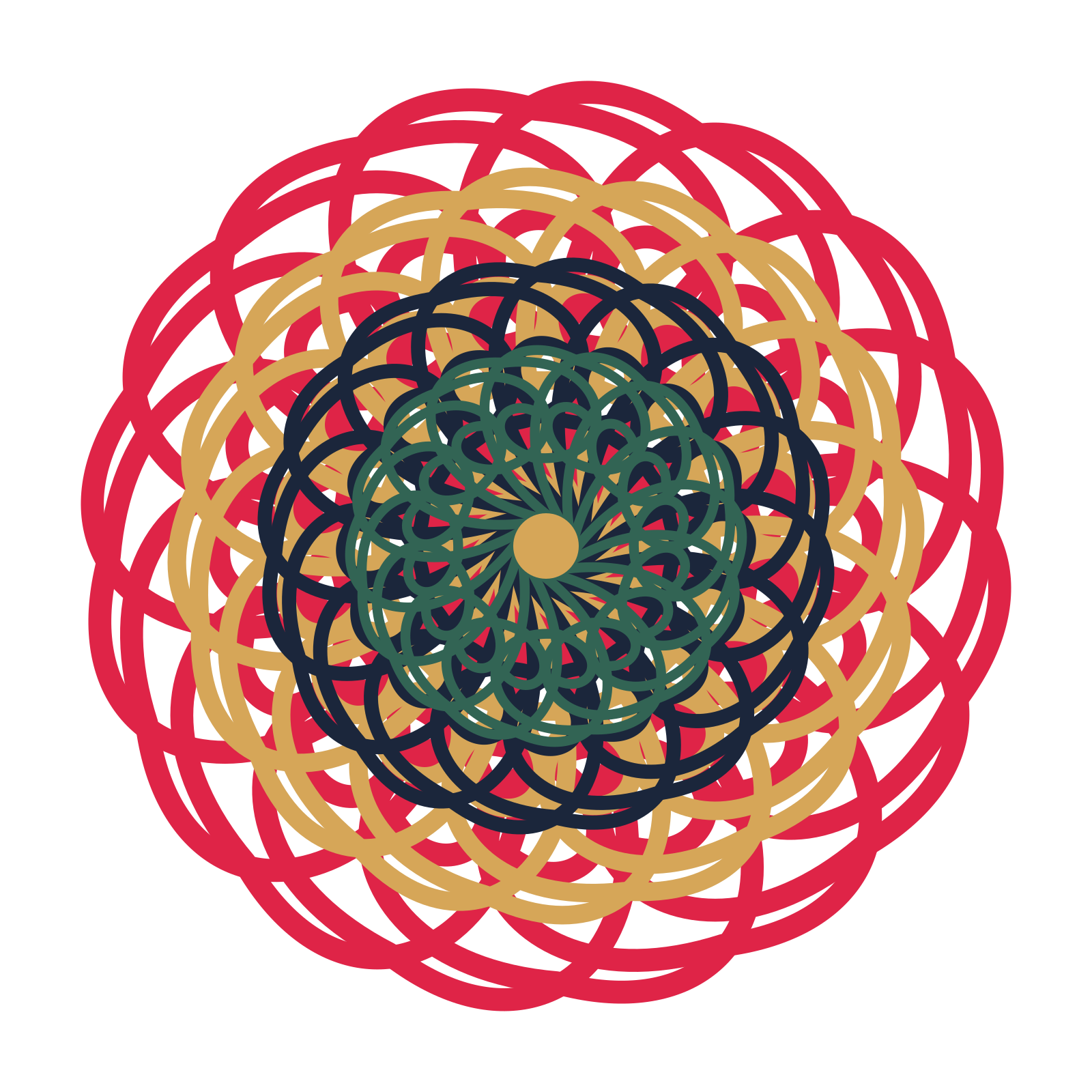 A layered spiral rosette with 16-fold radial symmetry and 4 alternating rings of petals.