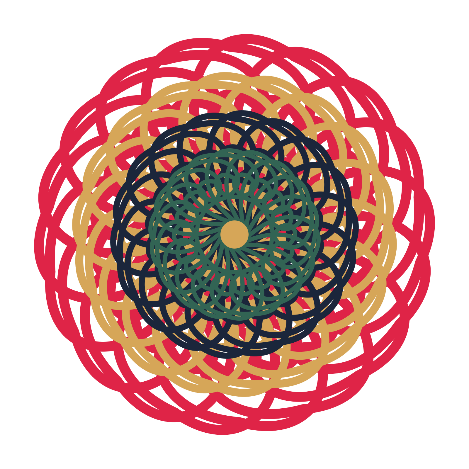 A layered spiral rosette with 18-fold radial symmetry and 4 alternating rings of petals.