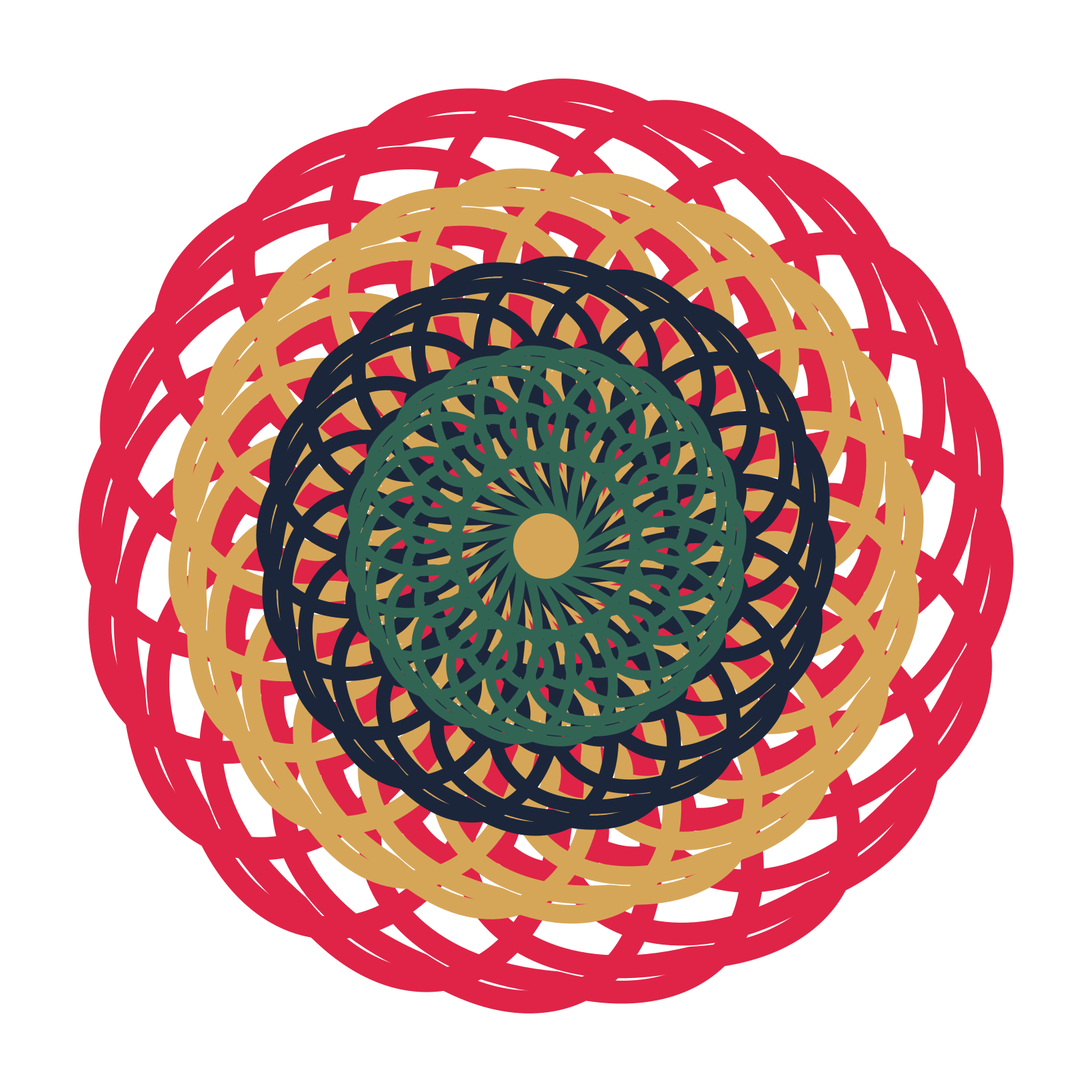 A layered spiral rosette with 20-fold radial symmetry and 4 alternating rings of petals.