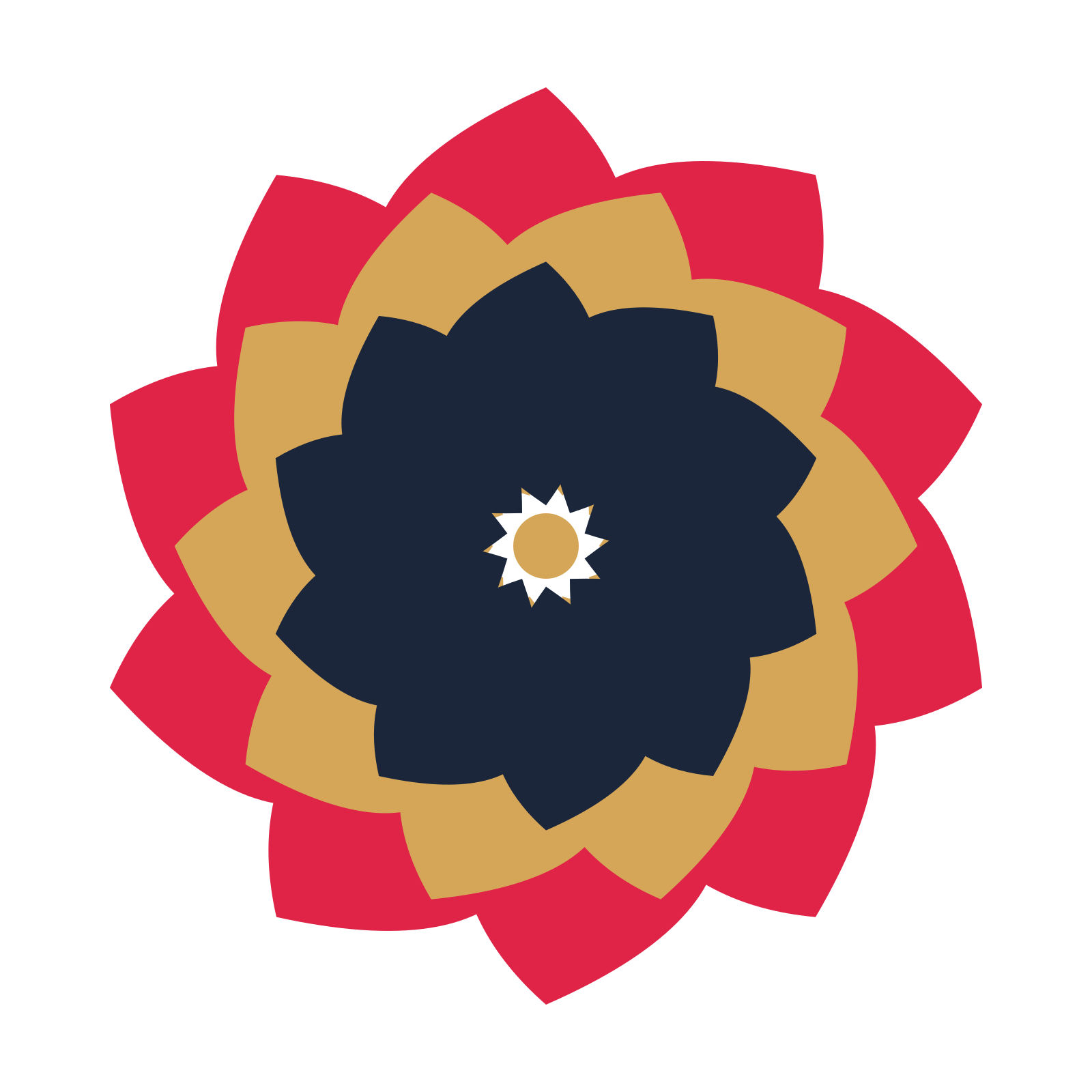 A layered teardrop rosette with 10-fold radial symmetry and 3 alternating rings of petals.