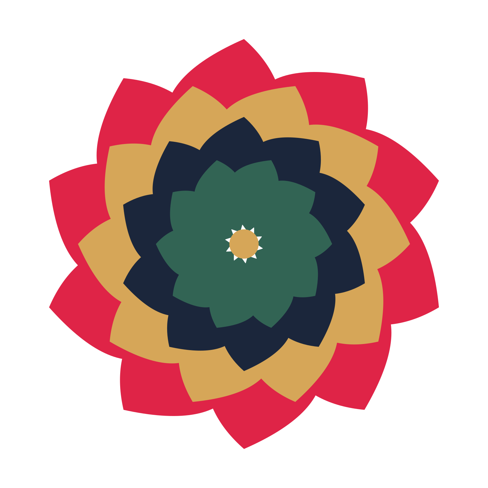 A layered teardrop rosette with 10-fold radial symmetry and 4 alternating rings of petals.