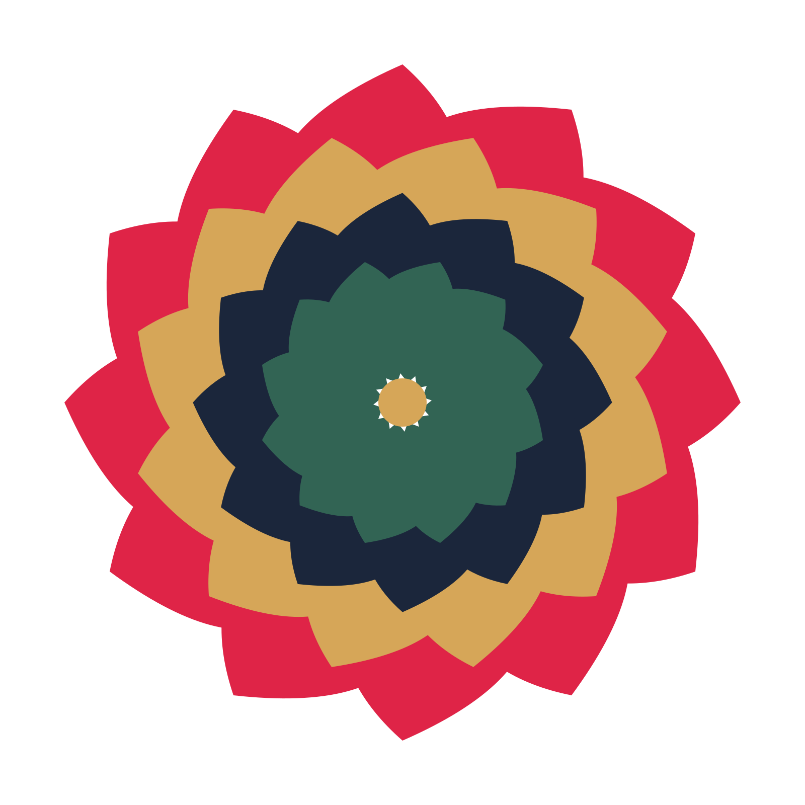 A layered teardrop rosette with 12-fold radial symmetry and 4 alternating rings of petals.