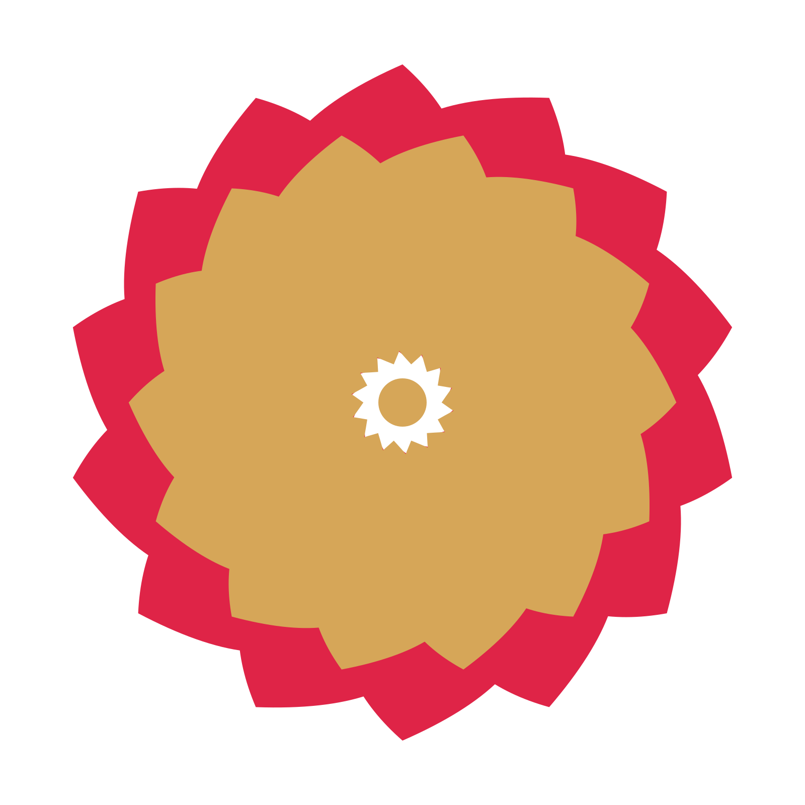 A layered teardrop rosette with 14-fold radial symmetry and 2 alternating rings of petals.