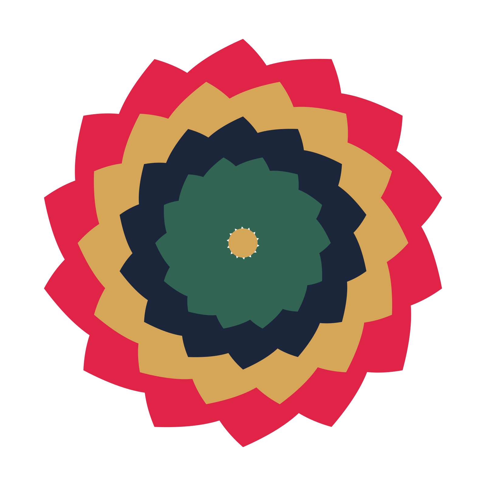 A layered teardrop rosette with 14-fold radial symmetry and 4 alternating rings of petals.