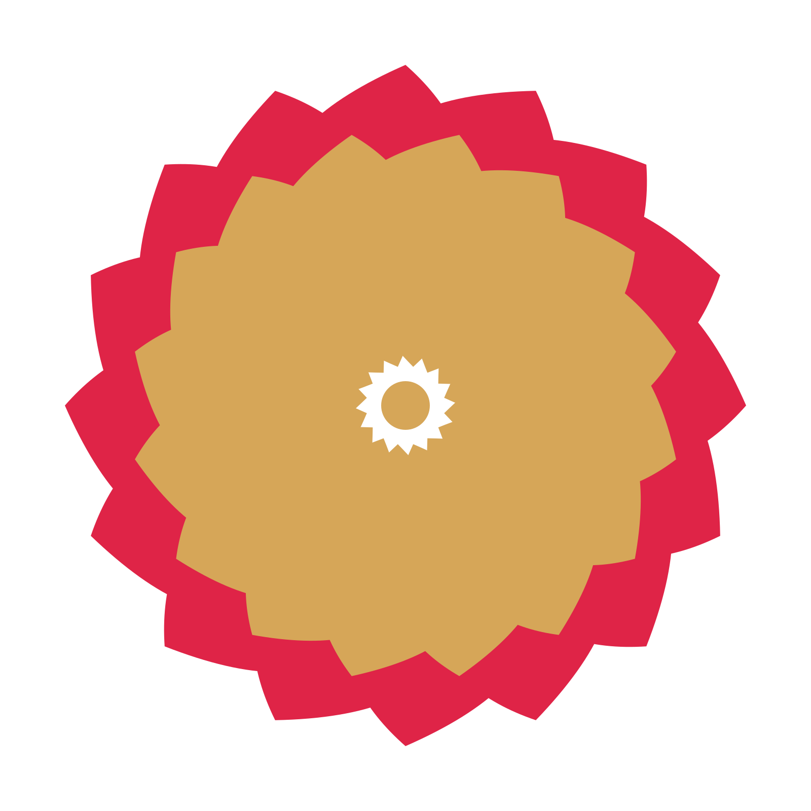 A layered teardrop rosette with 16-fold radial symmetry and 2 alternating rings of petals.