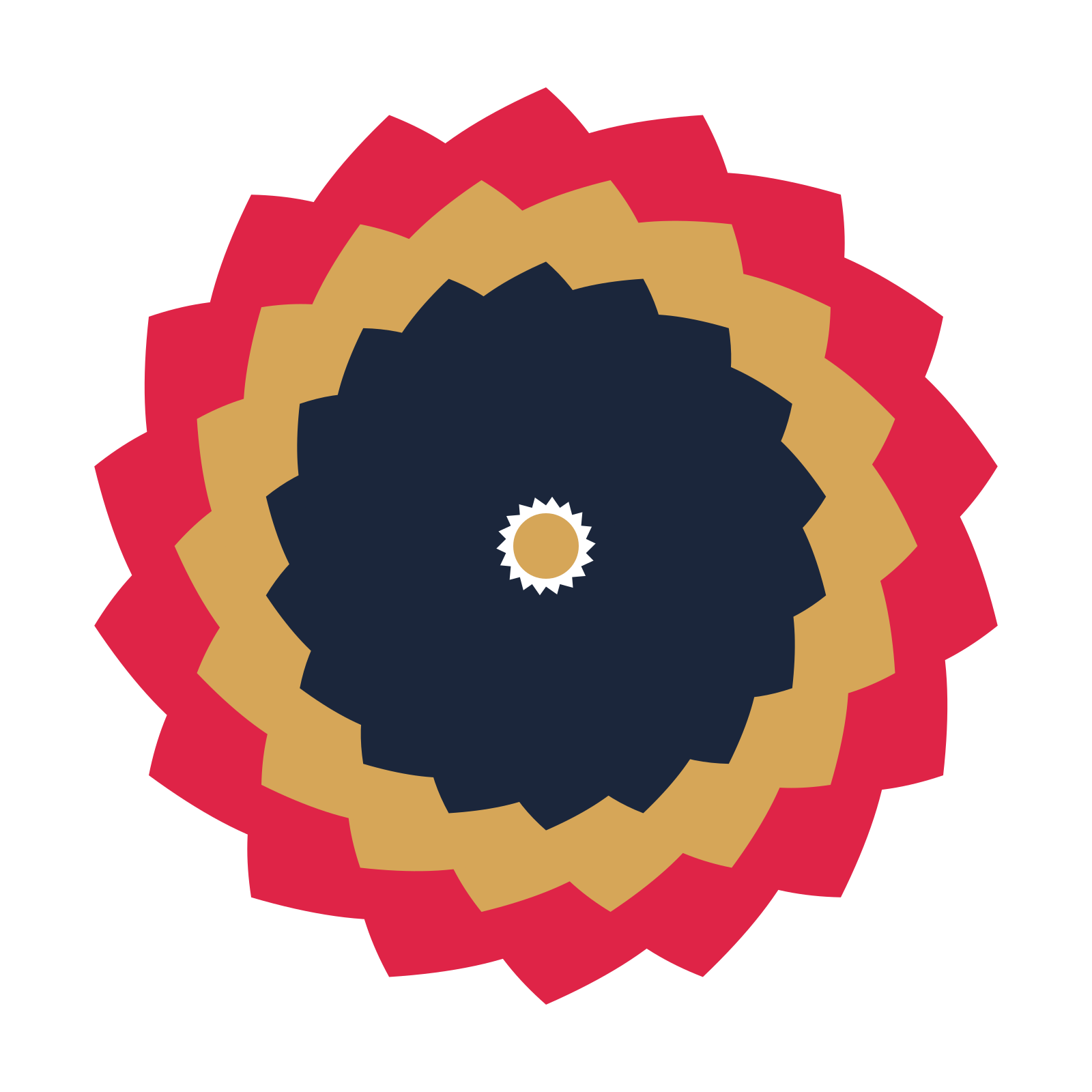 A layered teardrop rosette with 18-fold radial symmetry and 3 alternating rings of petals.