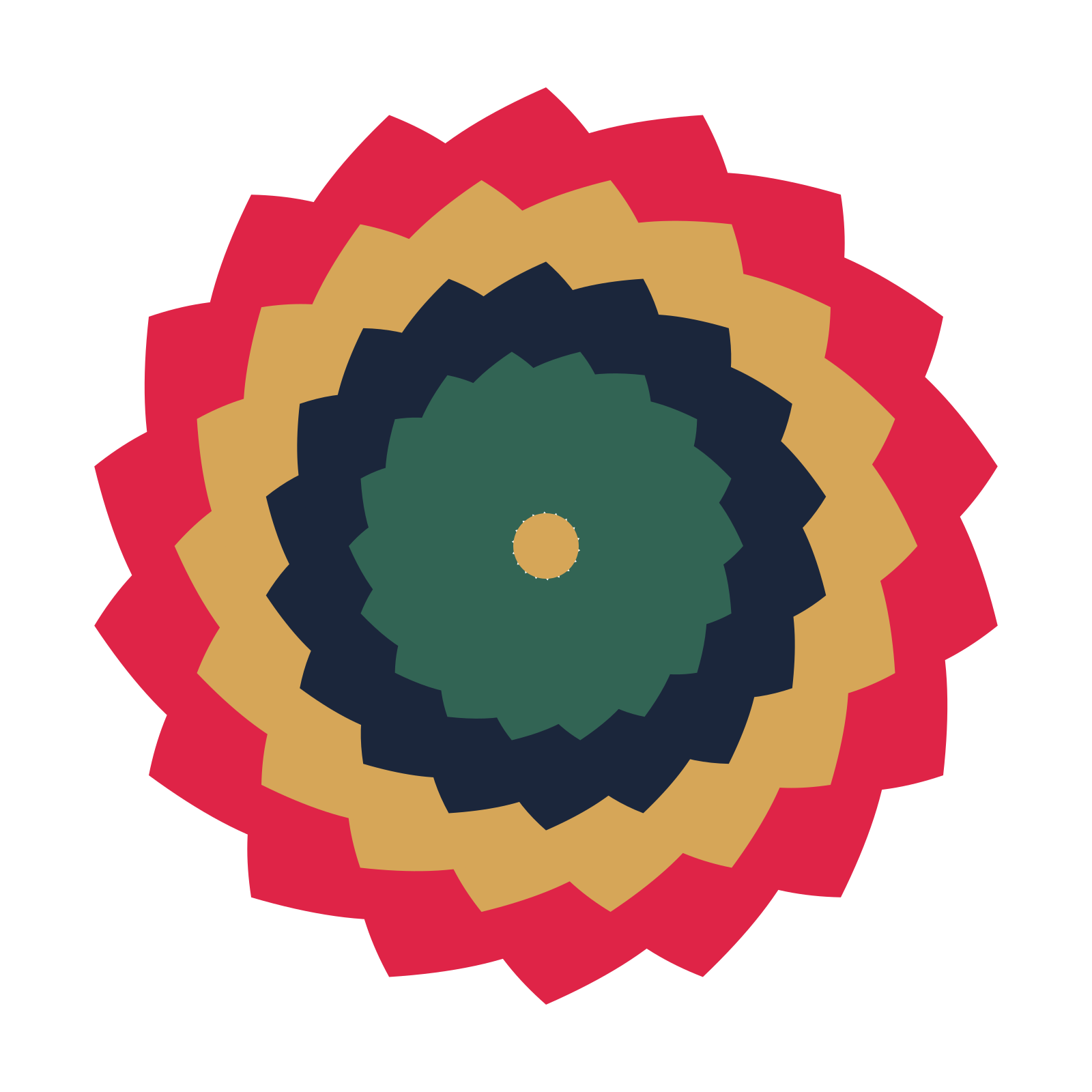 A layered teardrop rosette with 18-fold radial symmetry and 4 alternating rings of petals.