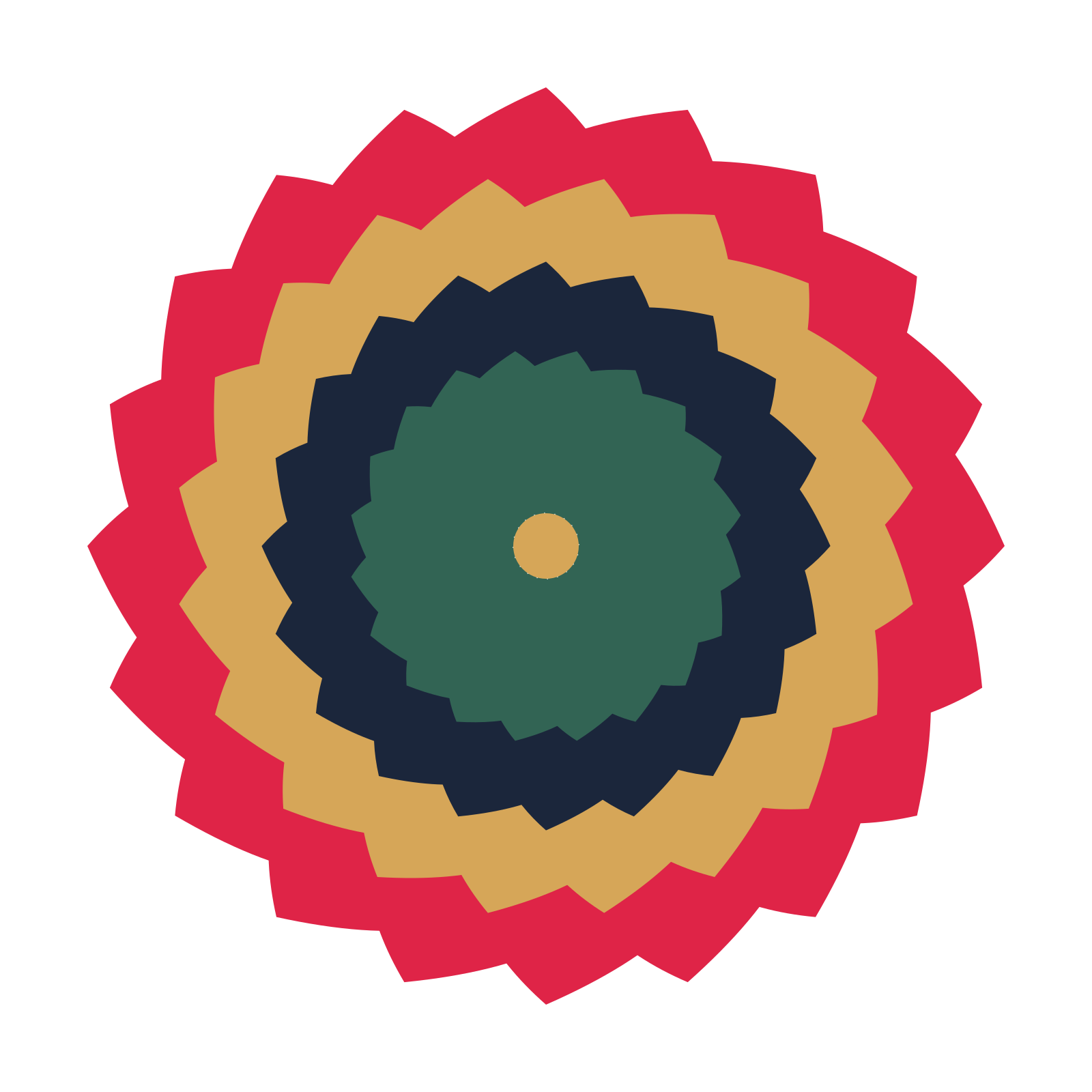 A layered teardrop rosette with 20-fold radial symmetry and 4 alternating rings of petals.