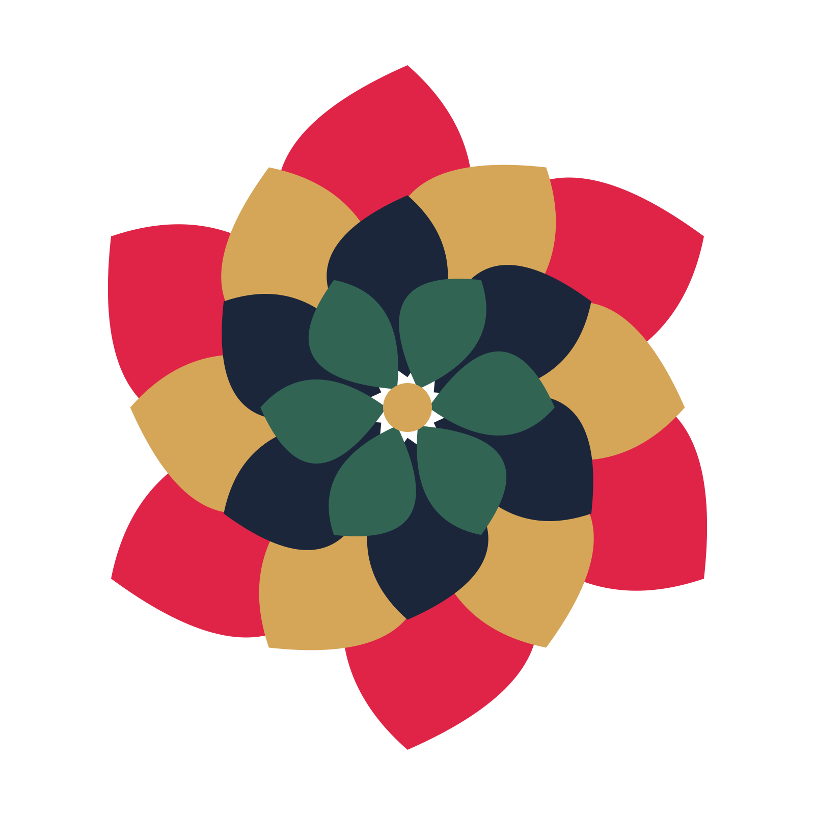 A layered teardrop rosette with 6-fold radial symmetry and 4 alternating rings of petals.