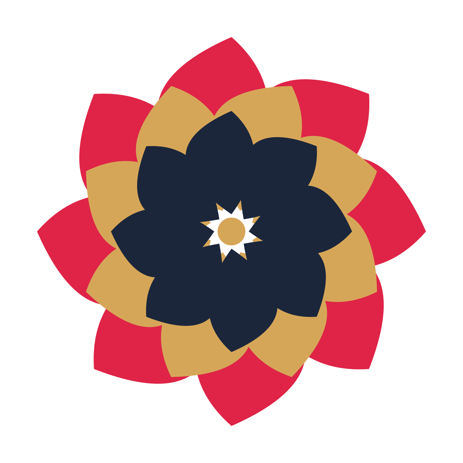 A layered teardrop rosette with 8-fold radial symmetry and 3 alternating rings of petals.