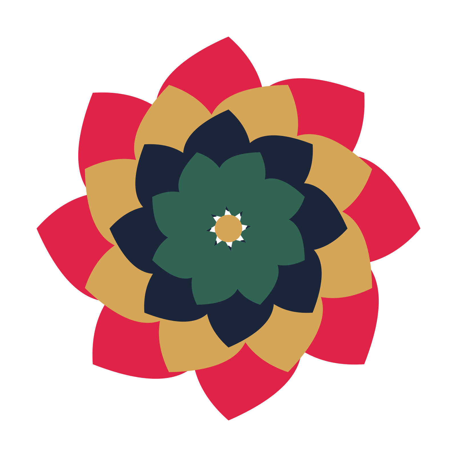 A layered teardrop rosette with 8-fold radial symmetry and 4 alternating rings of petals.