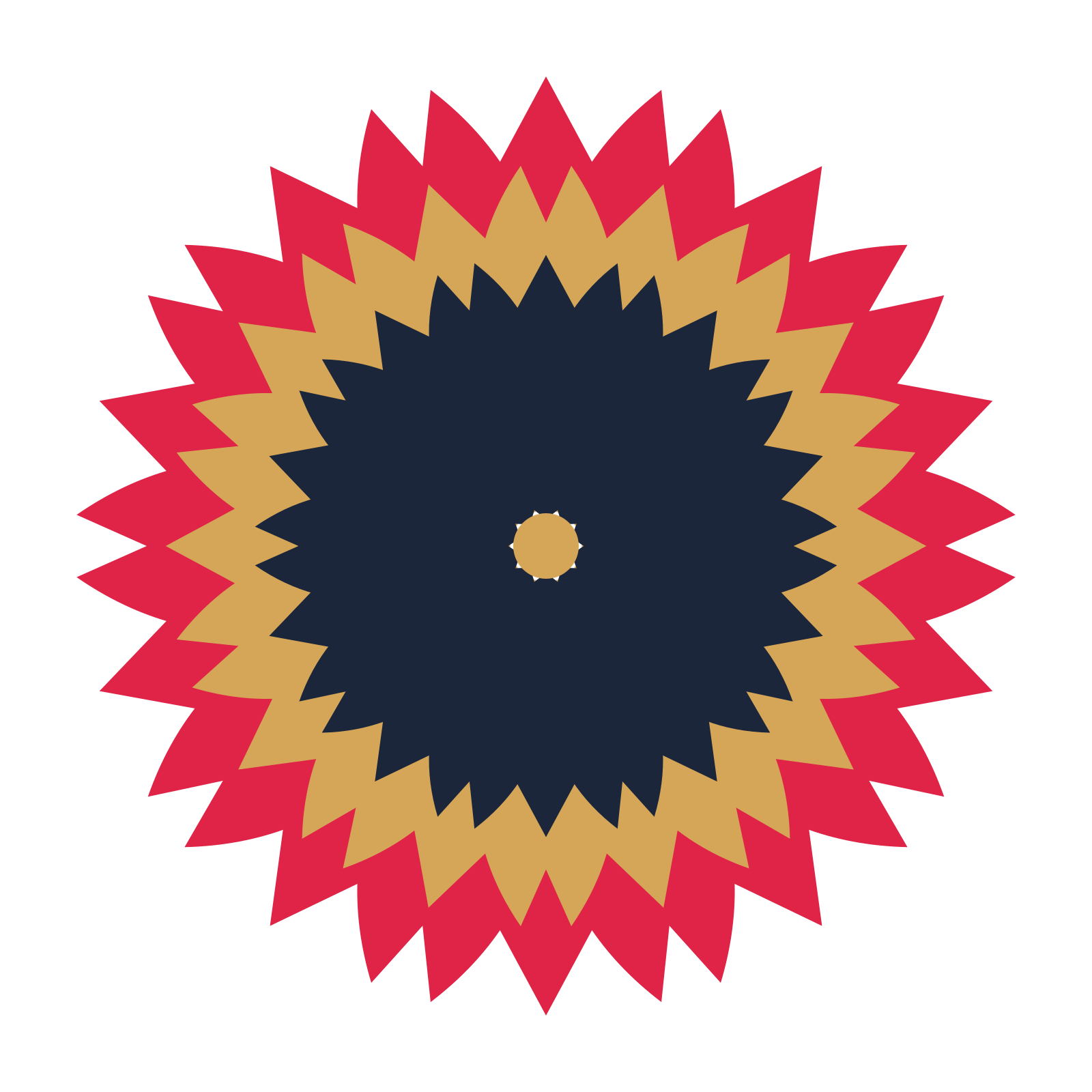 A layered tulip rosette with 10-fold radial symmetry and 3 alternating rings of petals.