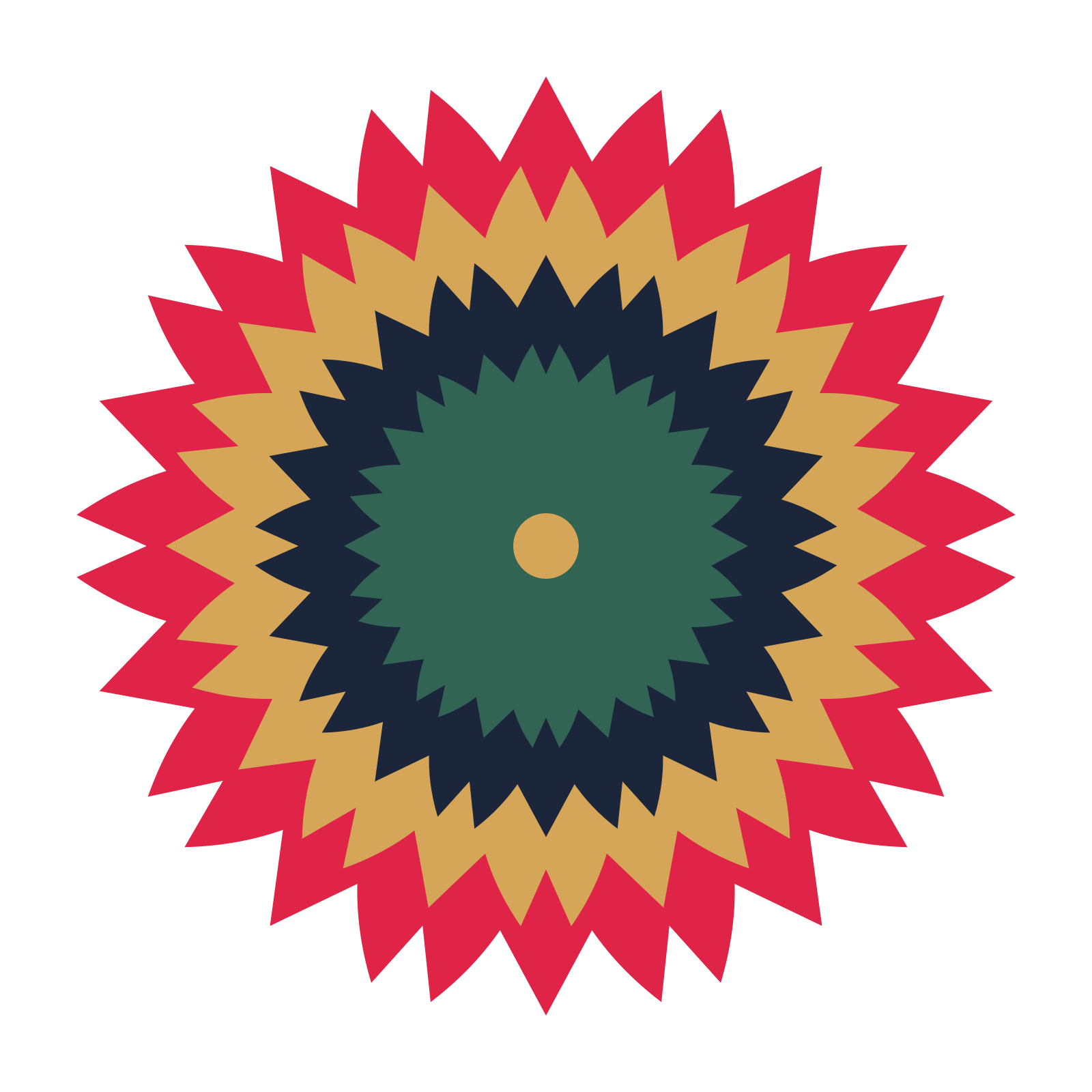 A layered tulip rosette with 10-fold radial symmetry and 4 alternating rings of petals.