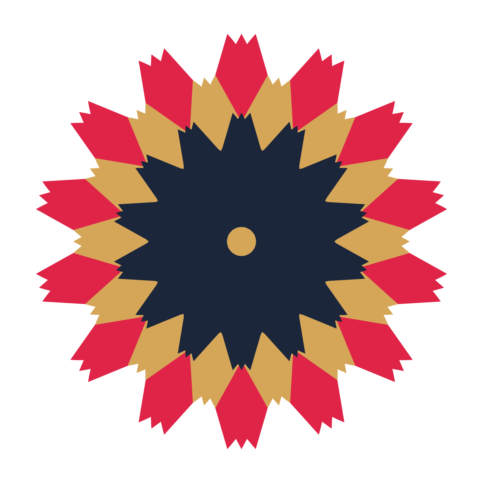 A layered tulip rosette with 14-fold radial symmetry and 3 alternating rings of petals.