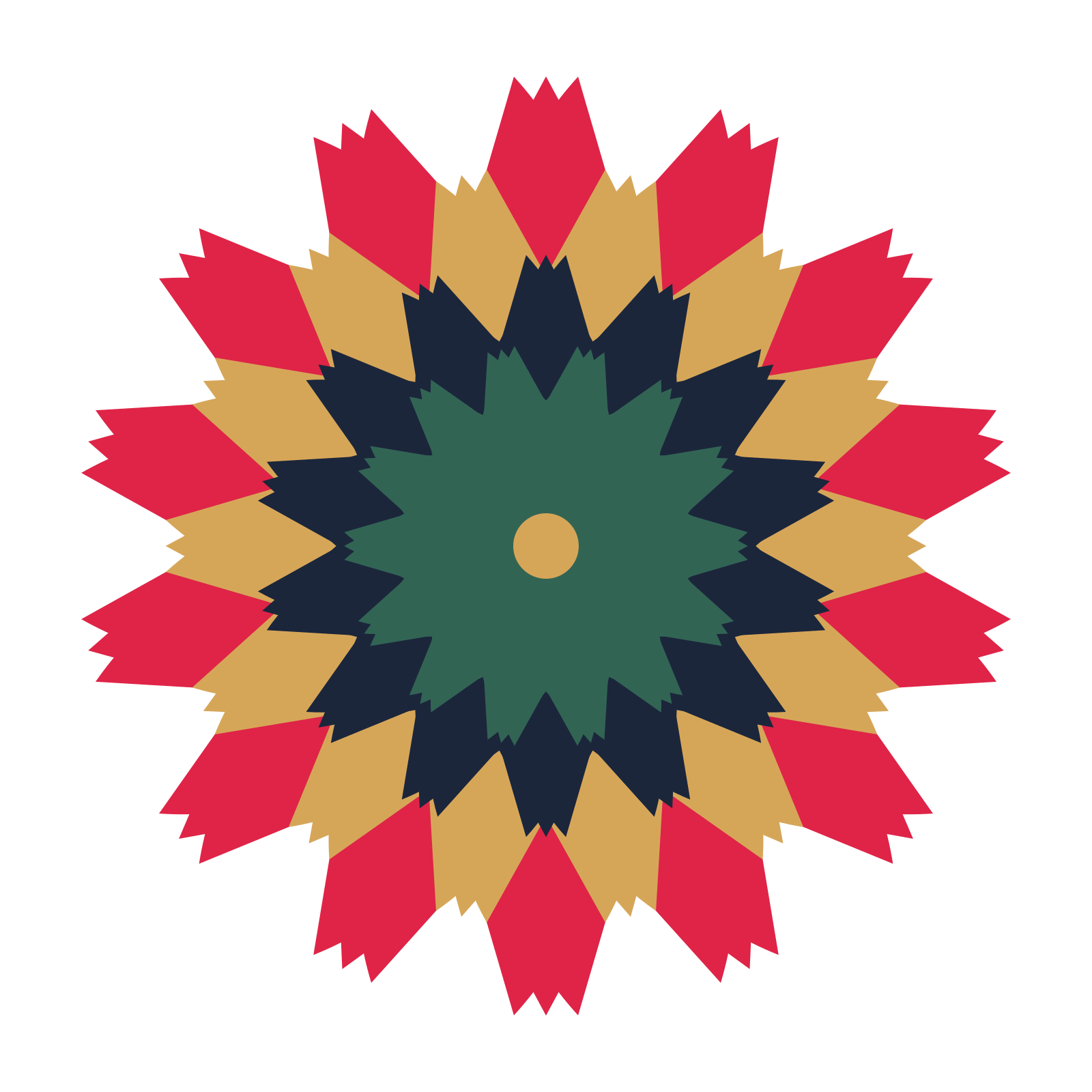 A layered tulip rosette with 14-fold radial symmetry and 4 alternating rings of petals.