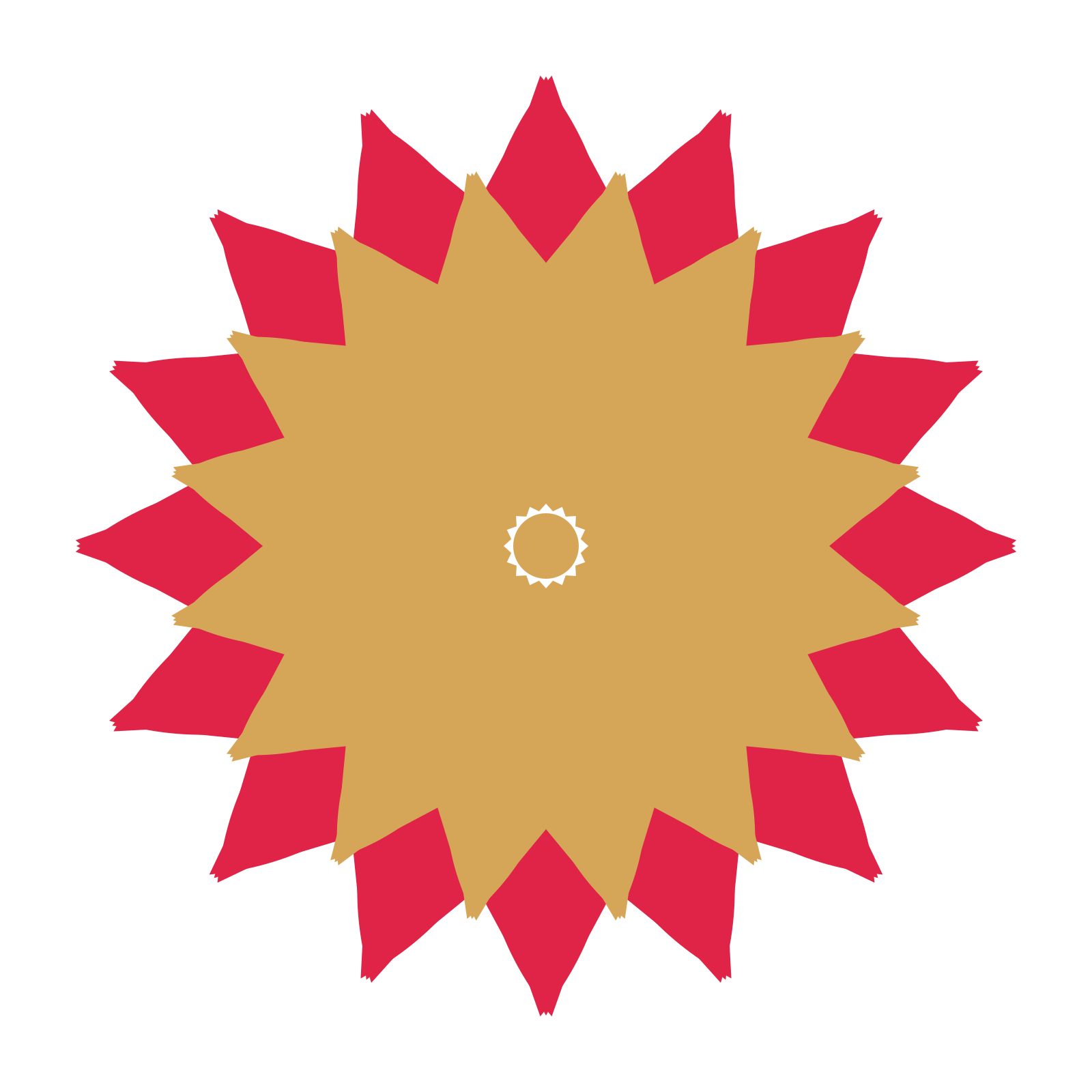A layered tulip rosette with 16-fold radial symmetry and 2 alternating rings of petals.