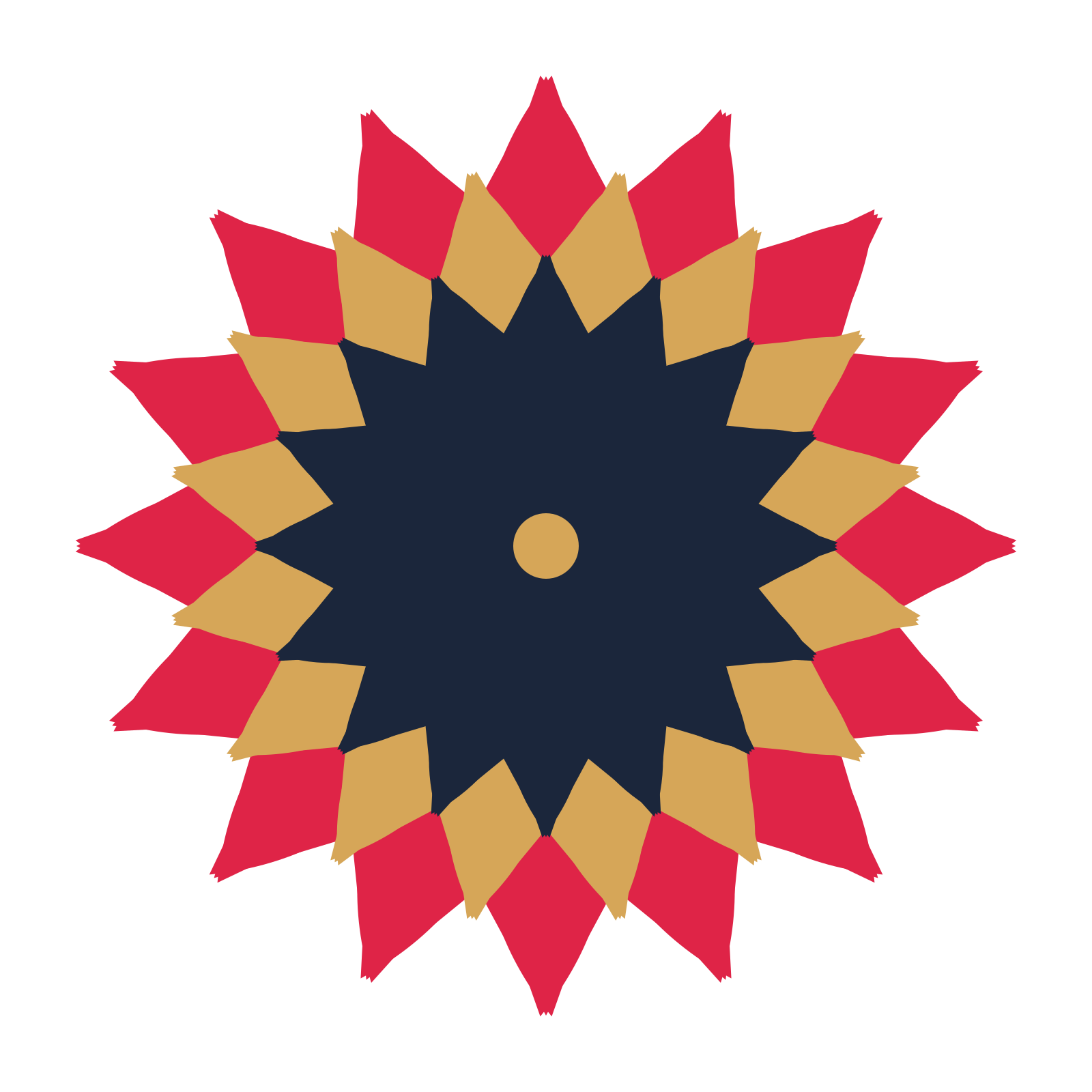 A layered tulip rosette with 16-fold radial symmetry and 3 alternating rings of petals.