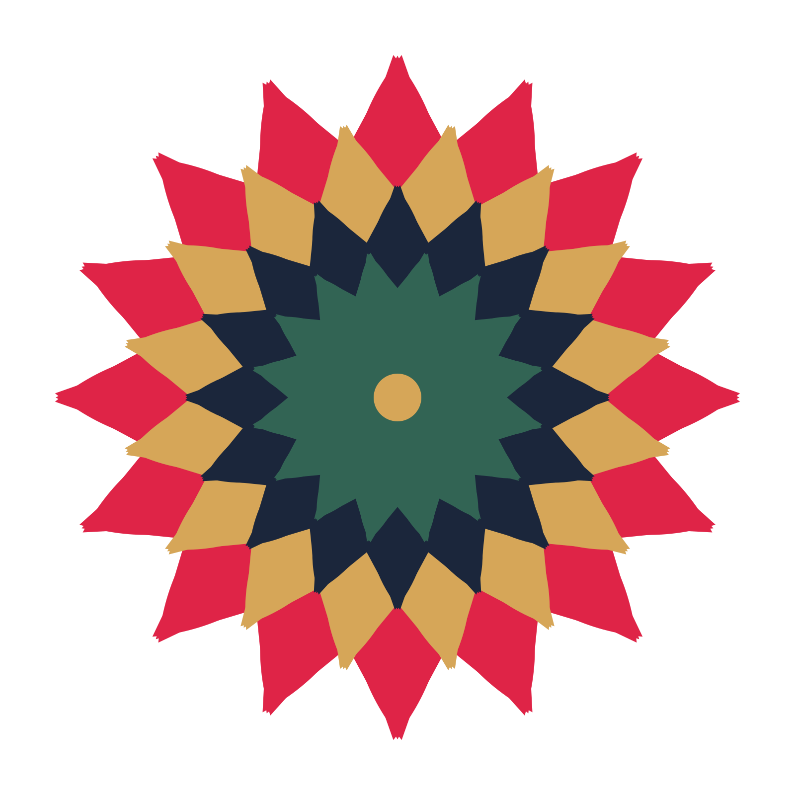 A layered tulip rosette with 16-fold radial symmetry and 4 alternating rings of petals.