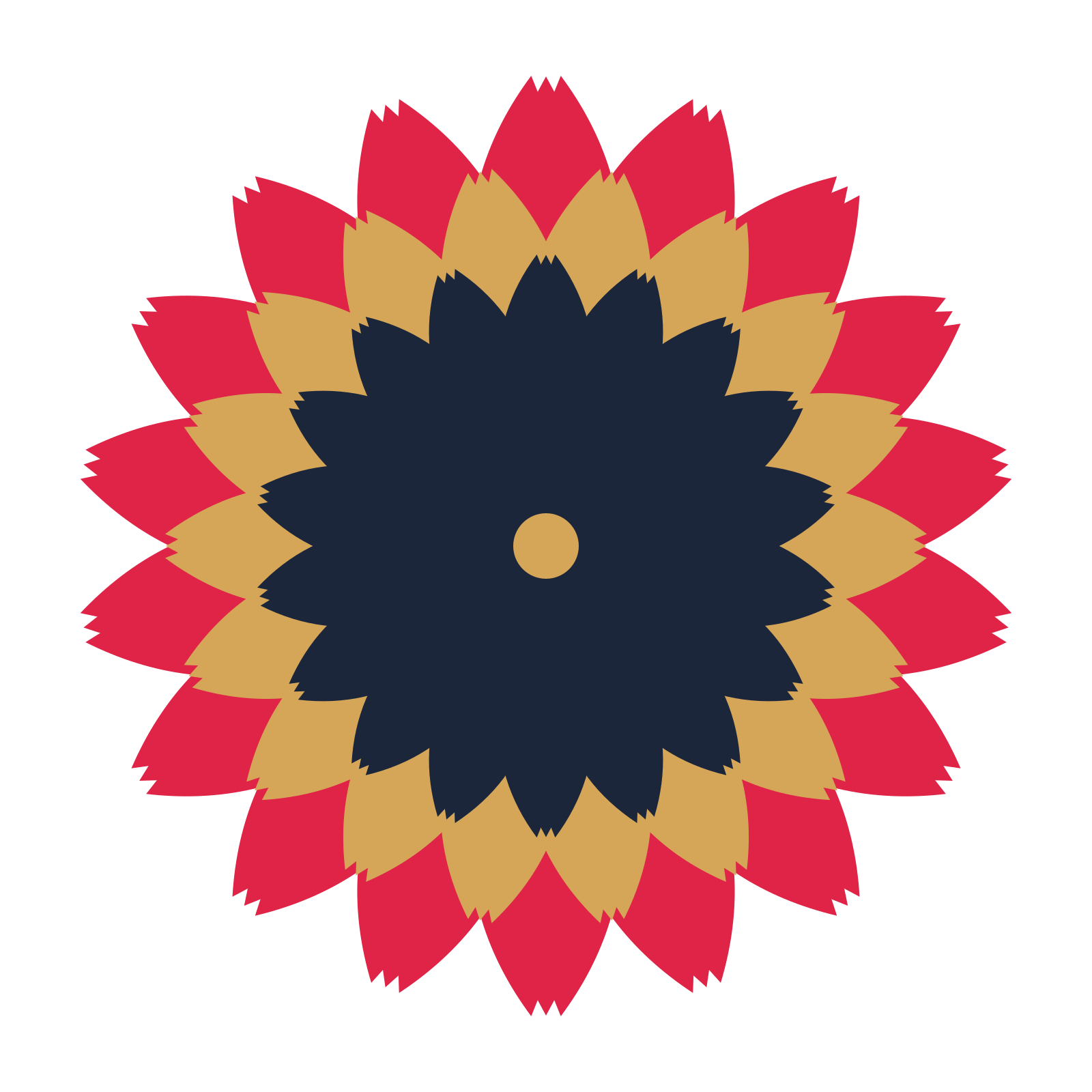 A layered tulip rosette with 18-fold radial symmetry and 3 alternating rings of petals.