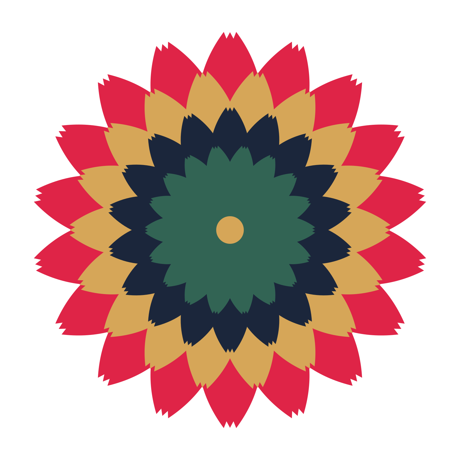 A layered tulip rosette with 18-fold radial symmetry and 4 alternating rings of petals.