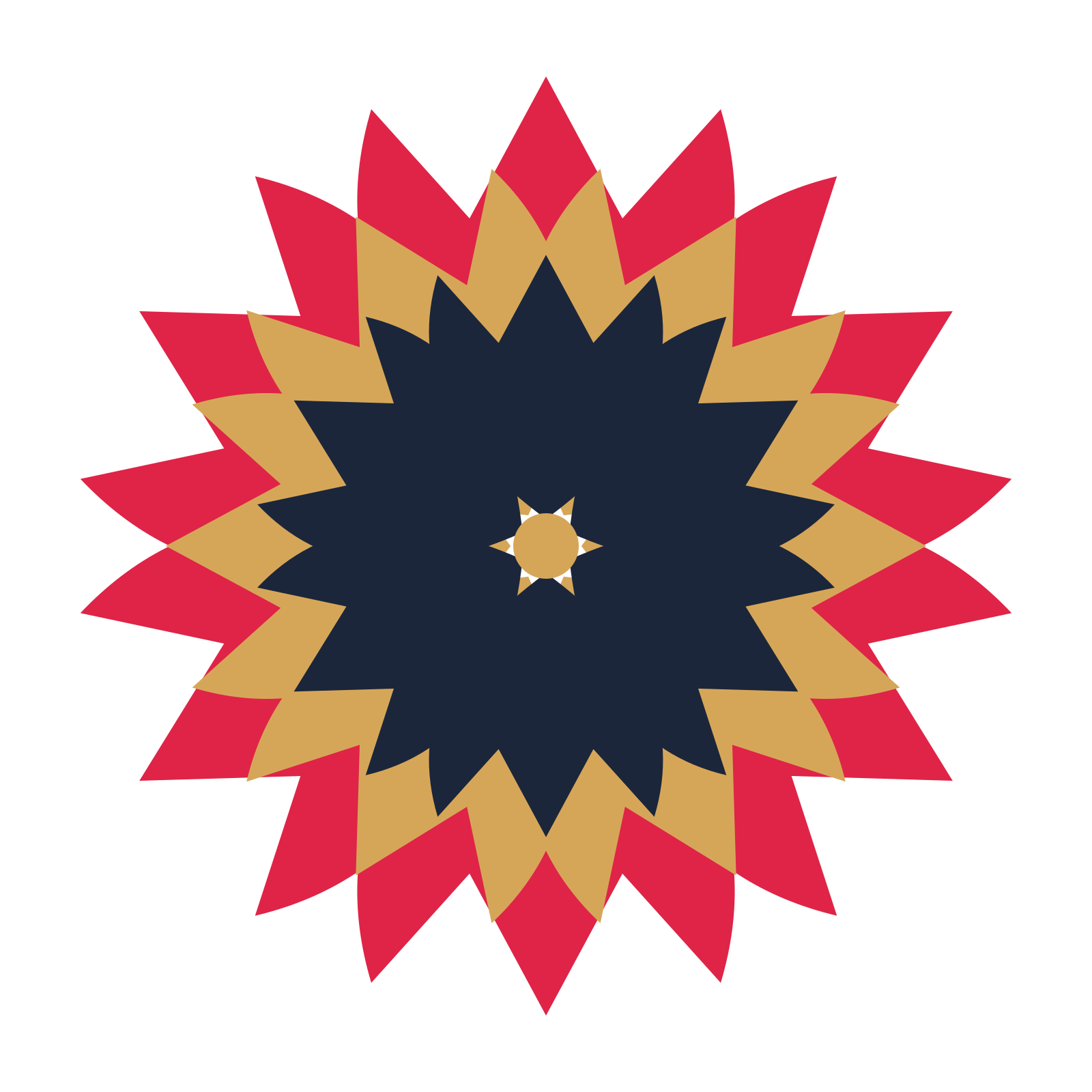 A layered tulip rosette with 6-fold radial symmetry and 3 alternating rings of petals.