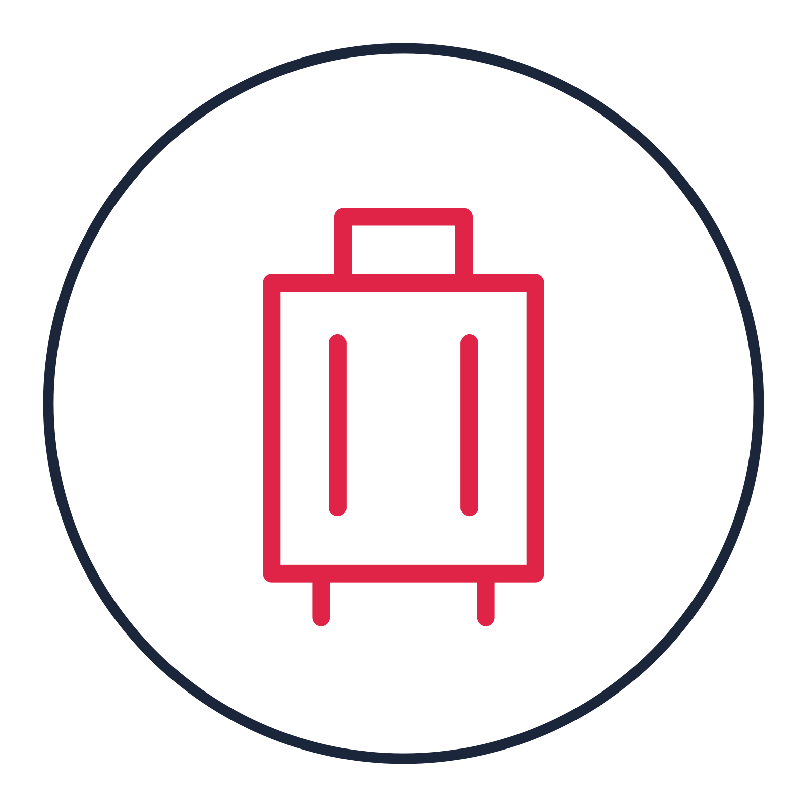 Travel suitcase drawn as a medallion icon with clean rounded lines.