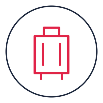 Travel suitcase drawn as a medallion icon with clean rounded lines.
