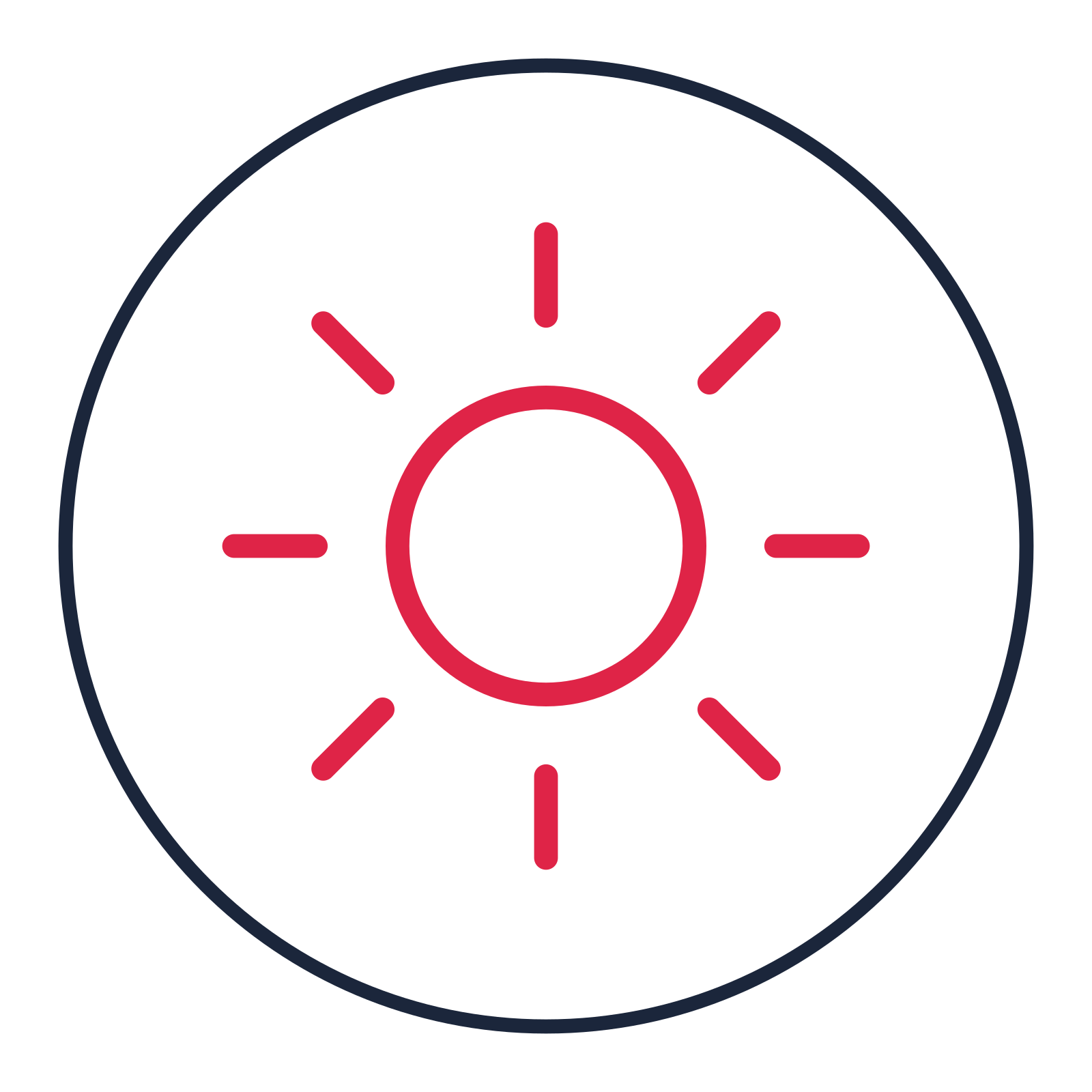 Sun with eight rays drawn as a medallion icon with clean rounded lines.