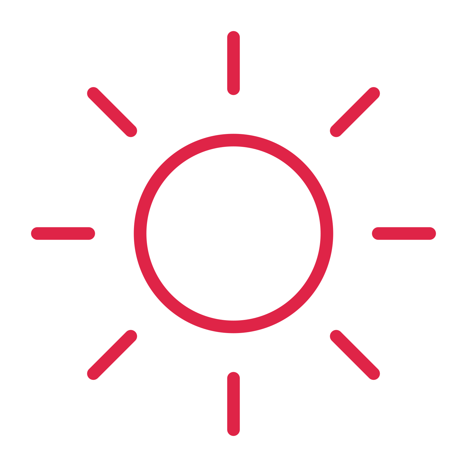 Sun with eight rays drawn as an outline icon with clean rounded lines.