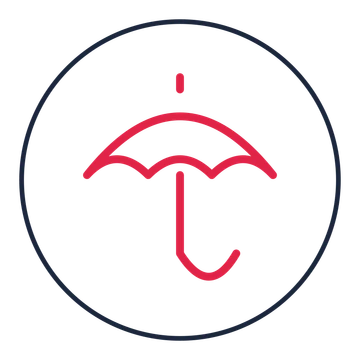 Rain umbrella drawn as a medallion icon with clean rounded lines.