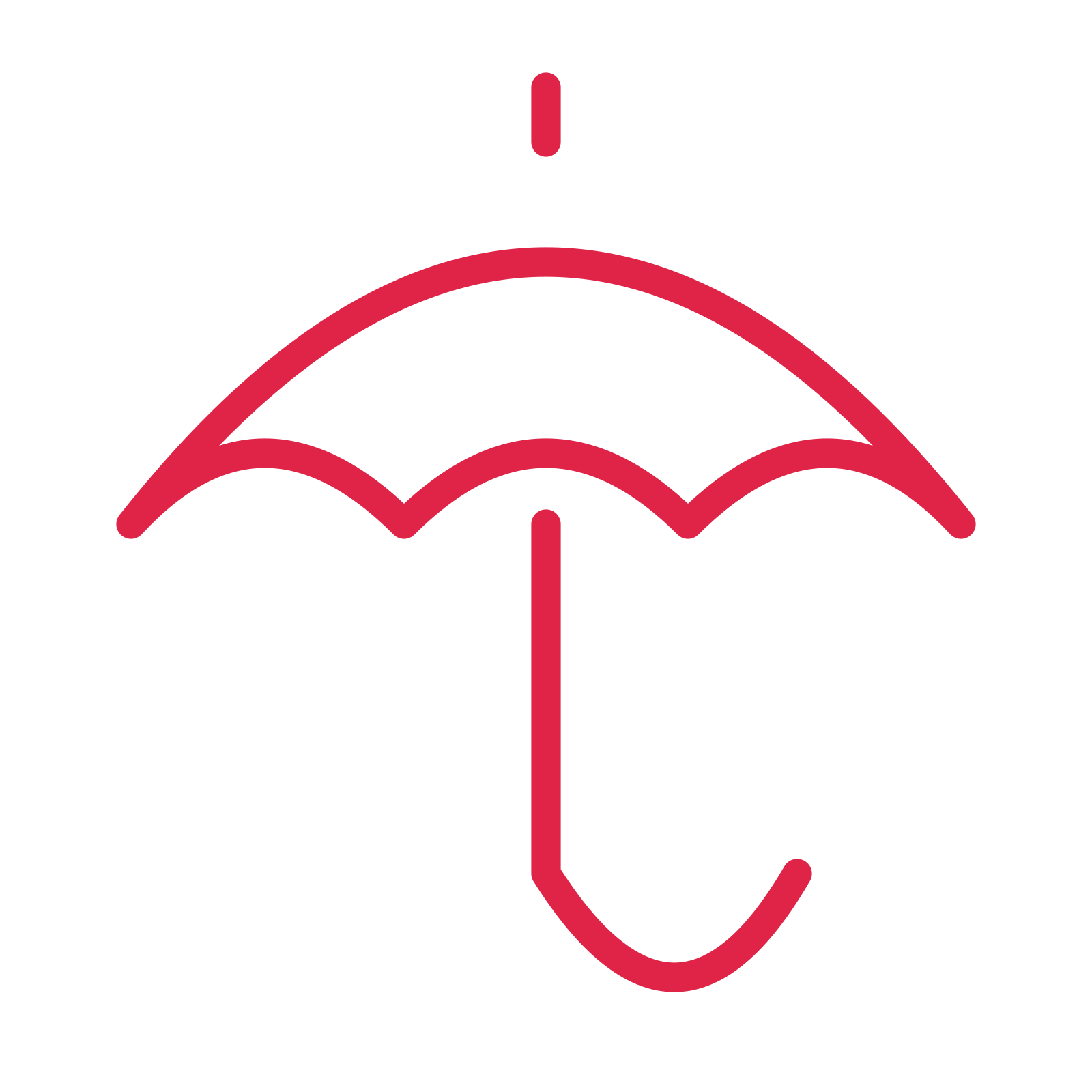Rain umbrella drawn as an outline icon with clean rounded lines.