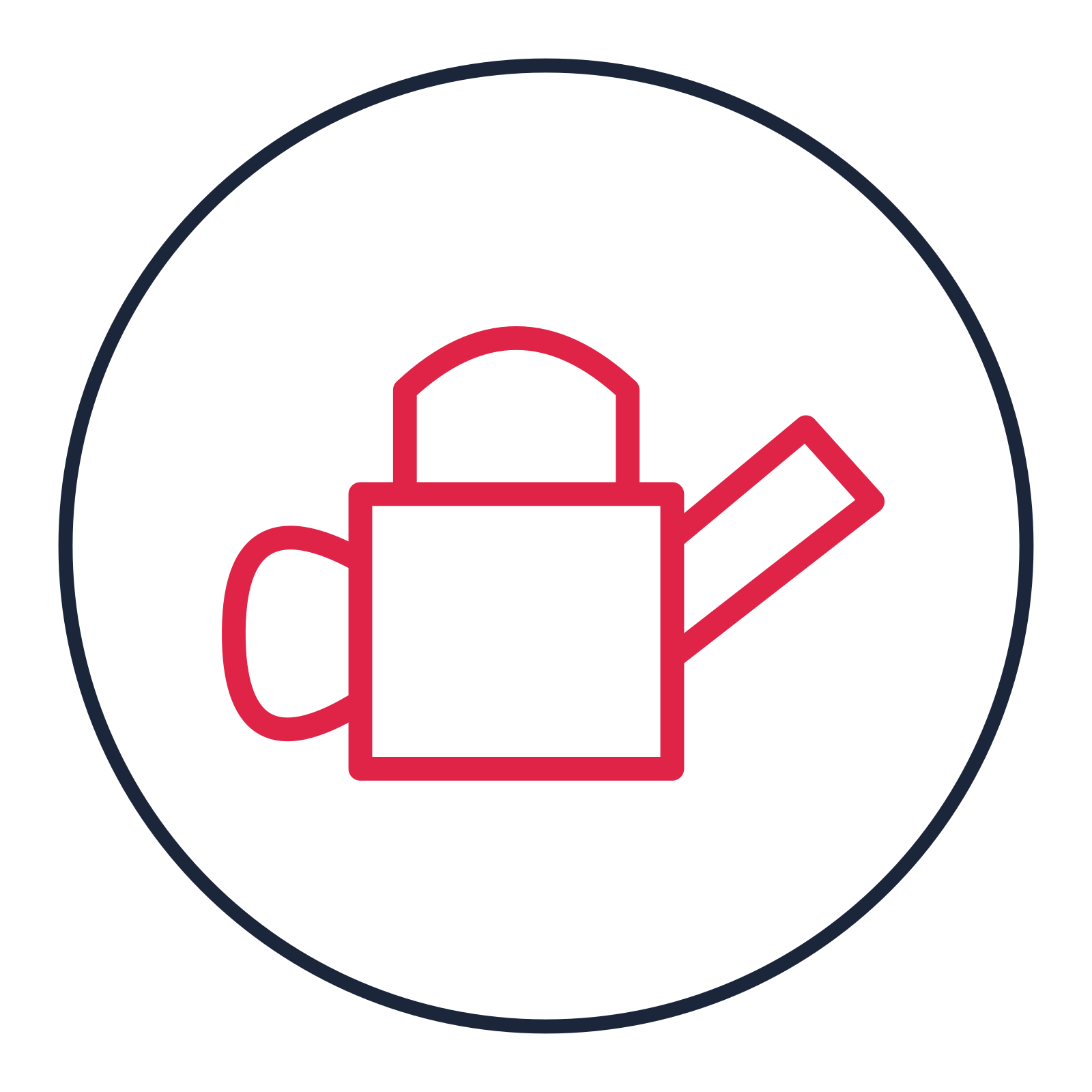 Garden watering can drawn as a medallion icon with clean rounded lines.