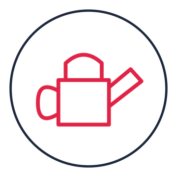 Garden watering can drawn as a medallion icon with clean rounded lines.