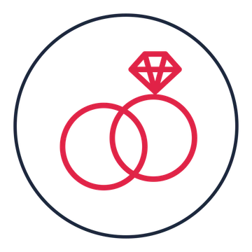 Interlocking wedding rings drawn as a medallion icon with clean rounded lines.