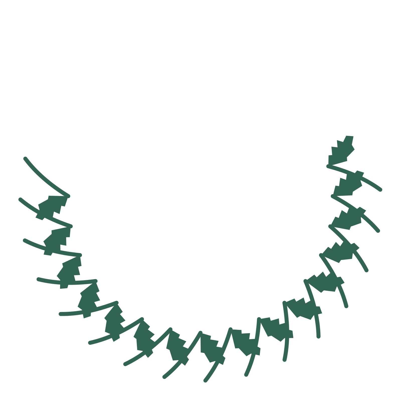 A crescent birch wreath made from 16 leafy motifs around an empty centre.