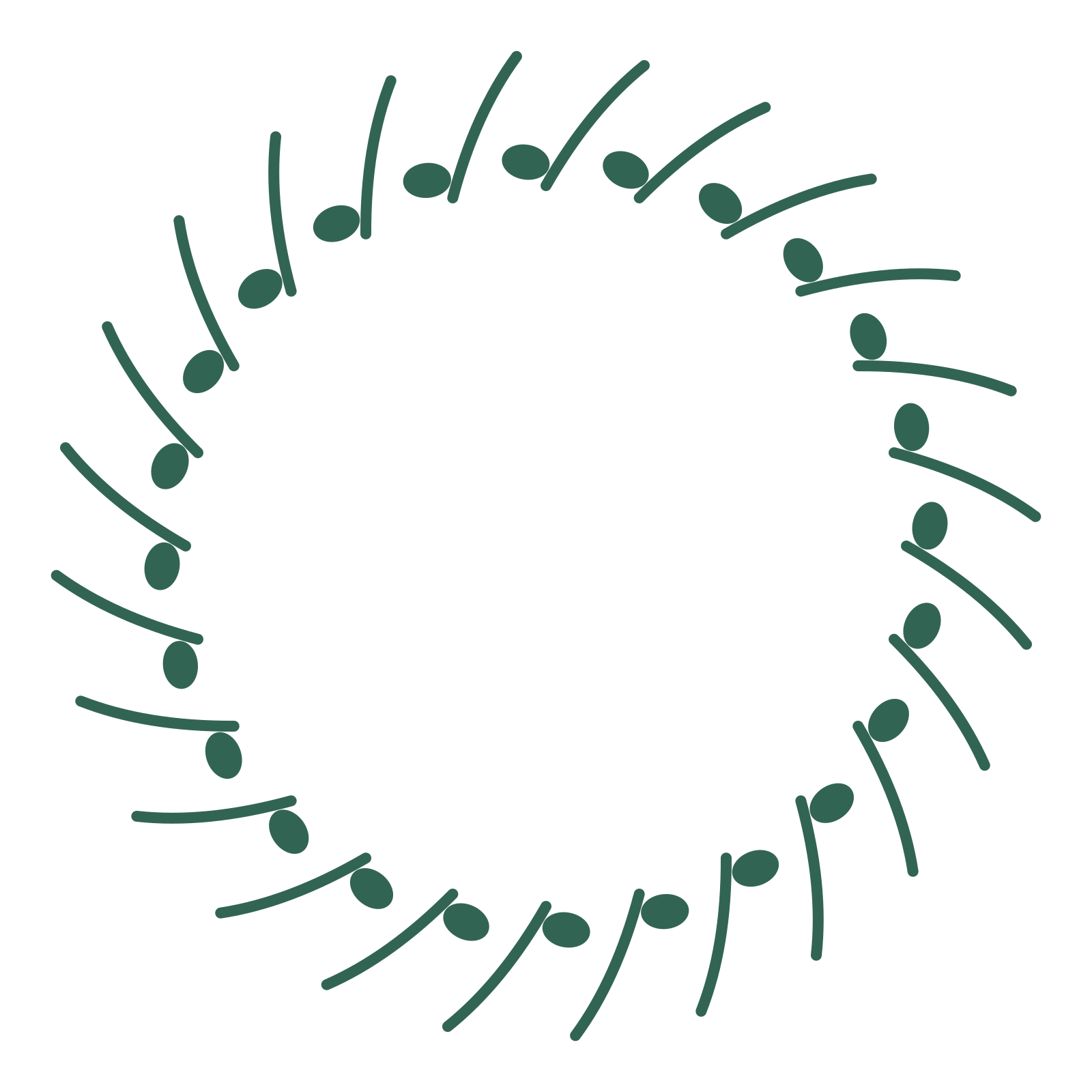A full eucalyptus wreath made from 24 leafy motifs around an empty centre.