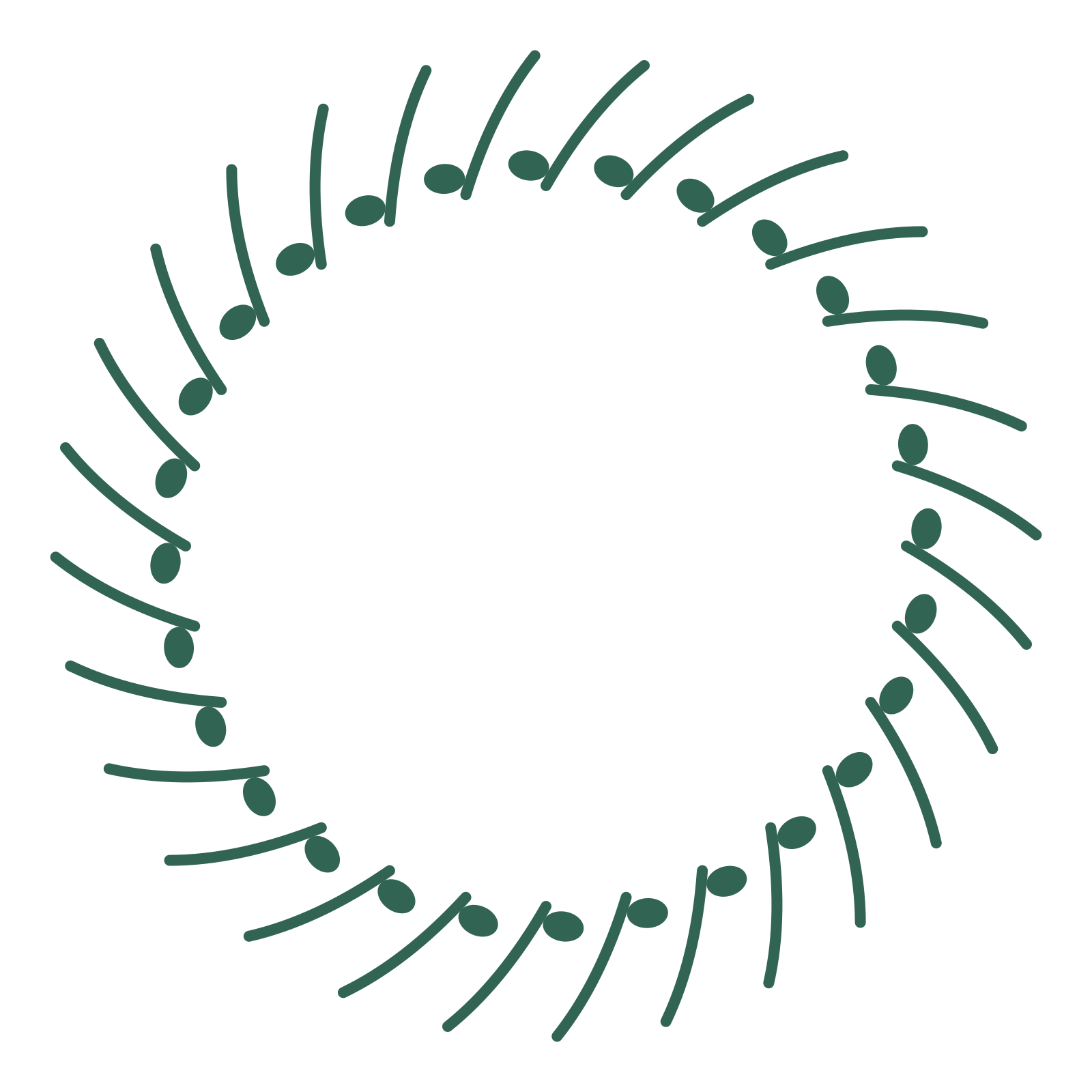 A full eucalyptus wreath made from 28 leafy motifs around an empty centre.