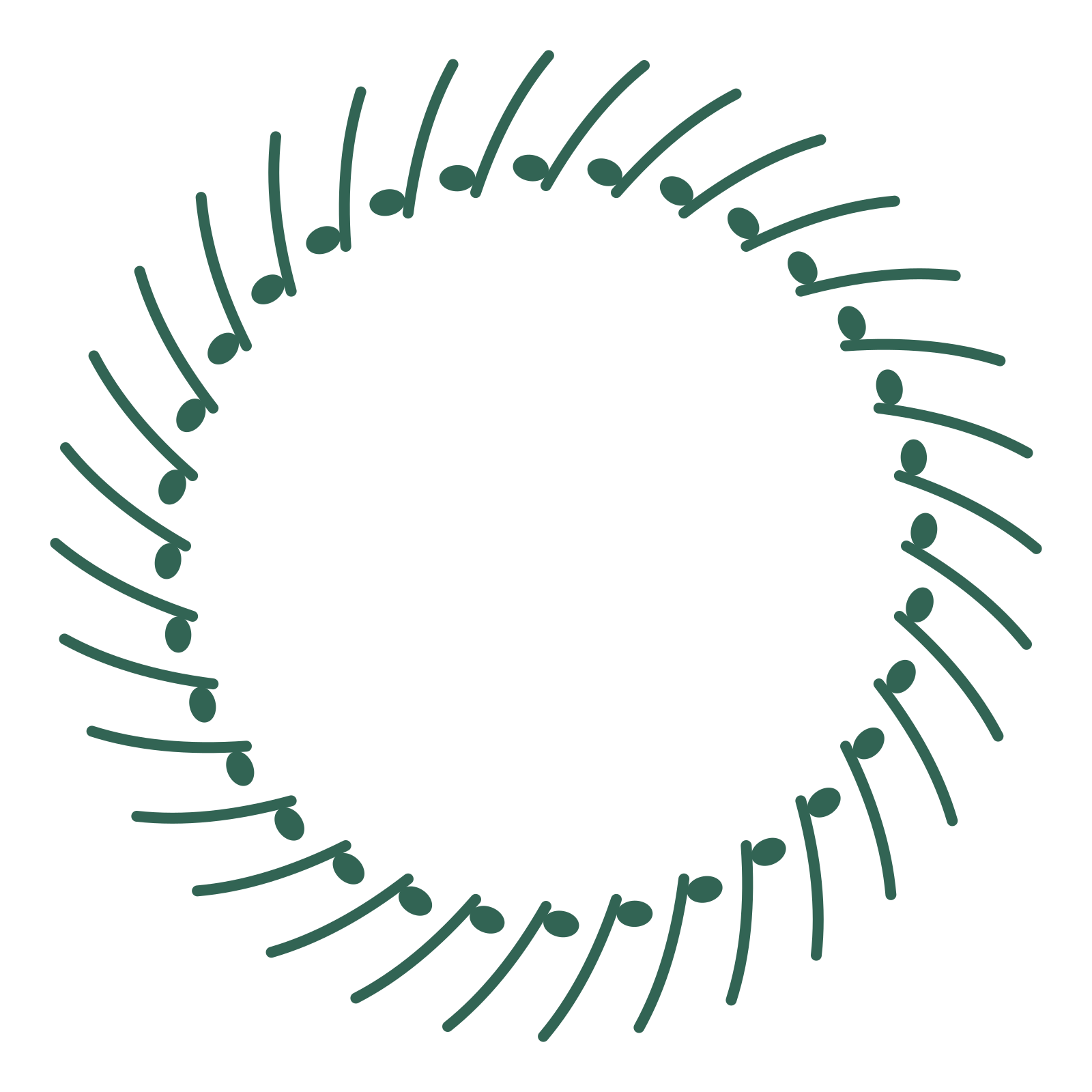 A full eucalyptus wreath made from 32 leafy motifs around an empty centre.