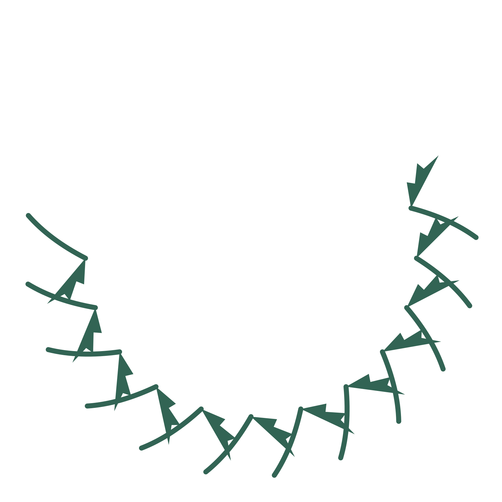 A crescent fern wreath made from 12 leafy motifs around an empty centre.