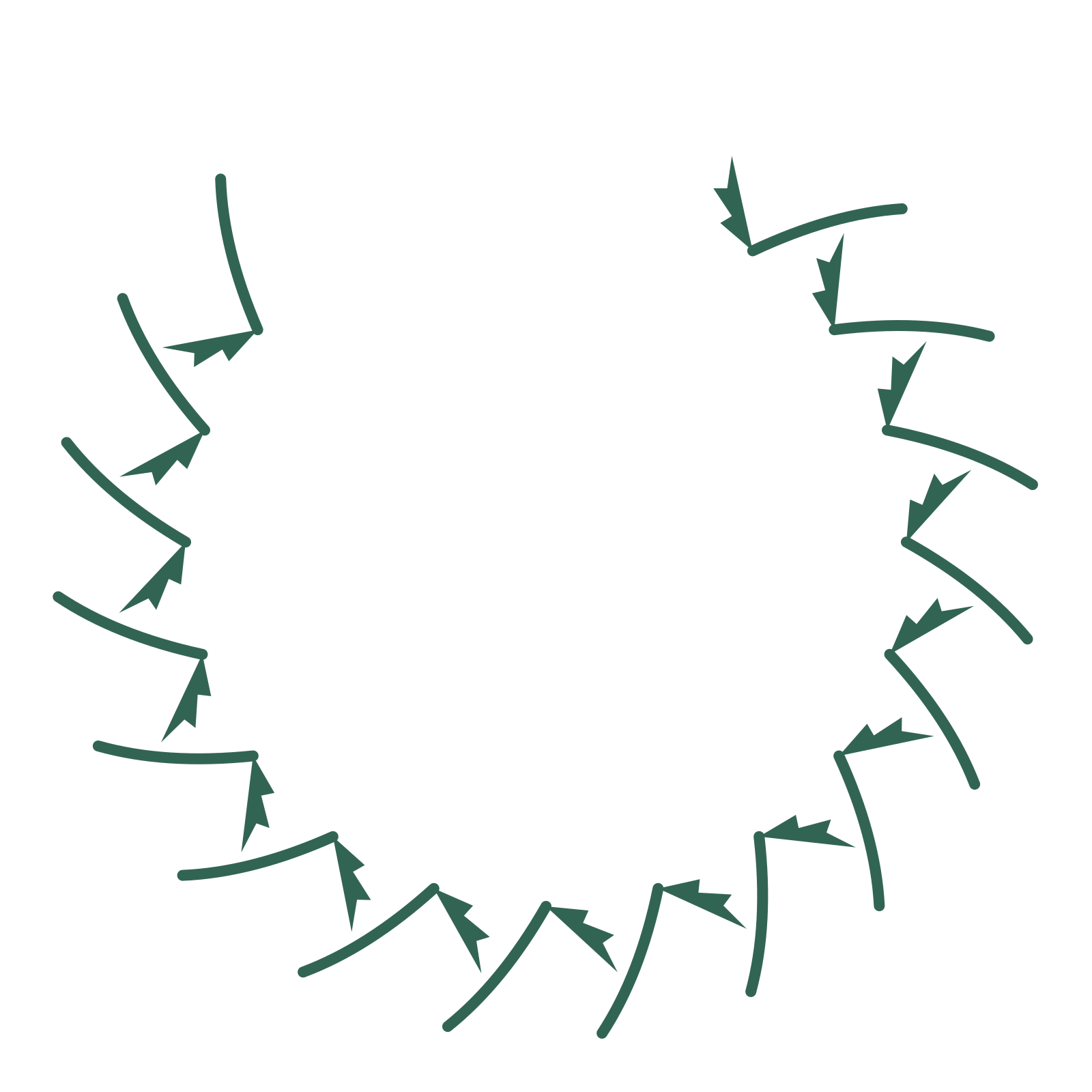 A open top fern wreath made from 16 leafy motifs around an empty centre.
