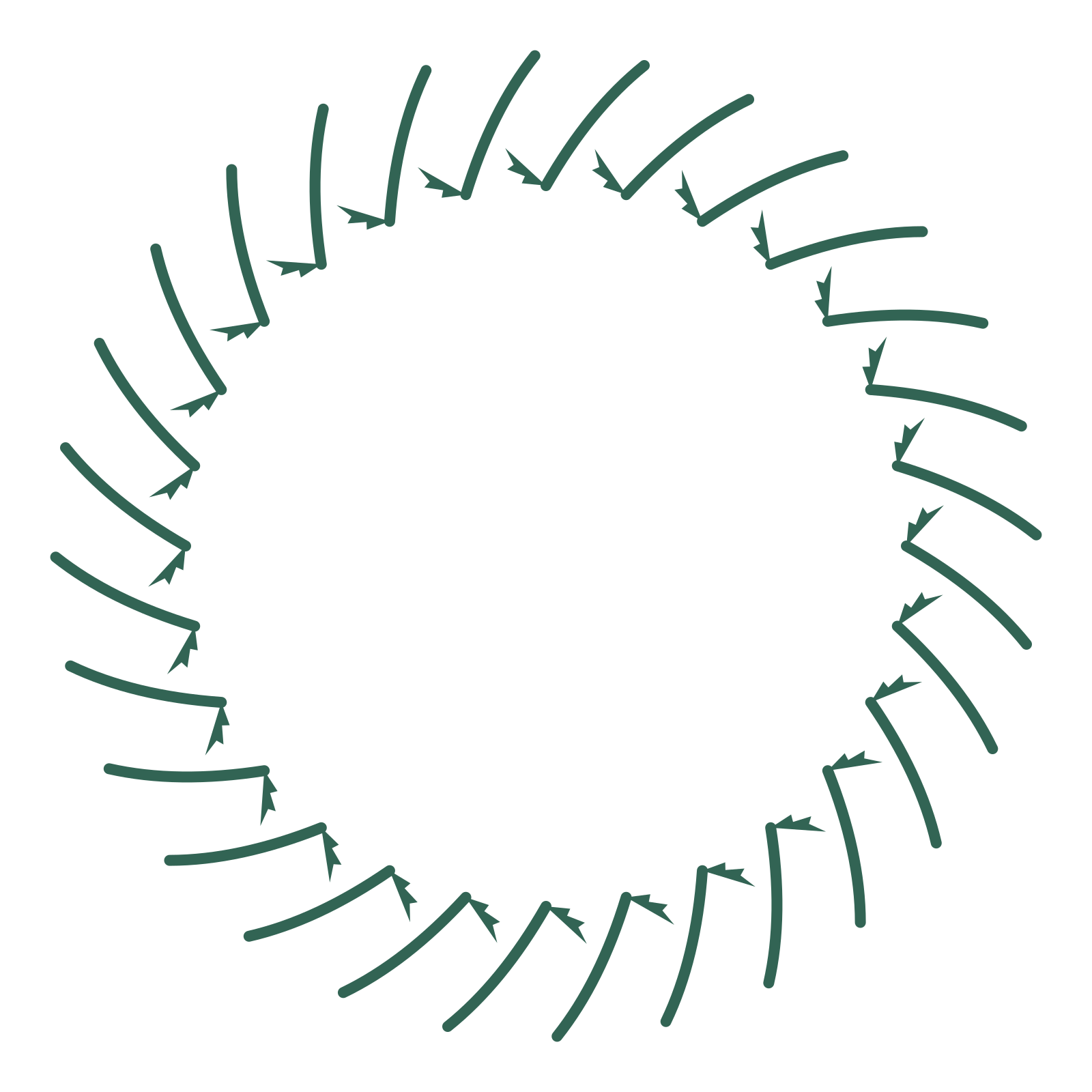 A full fern wreath made from 28 leafy motifs around an empty centre.