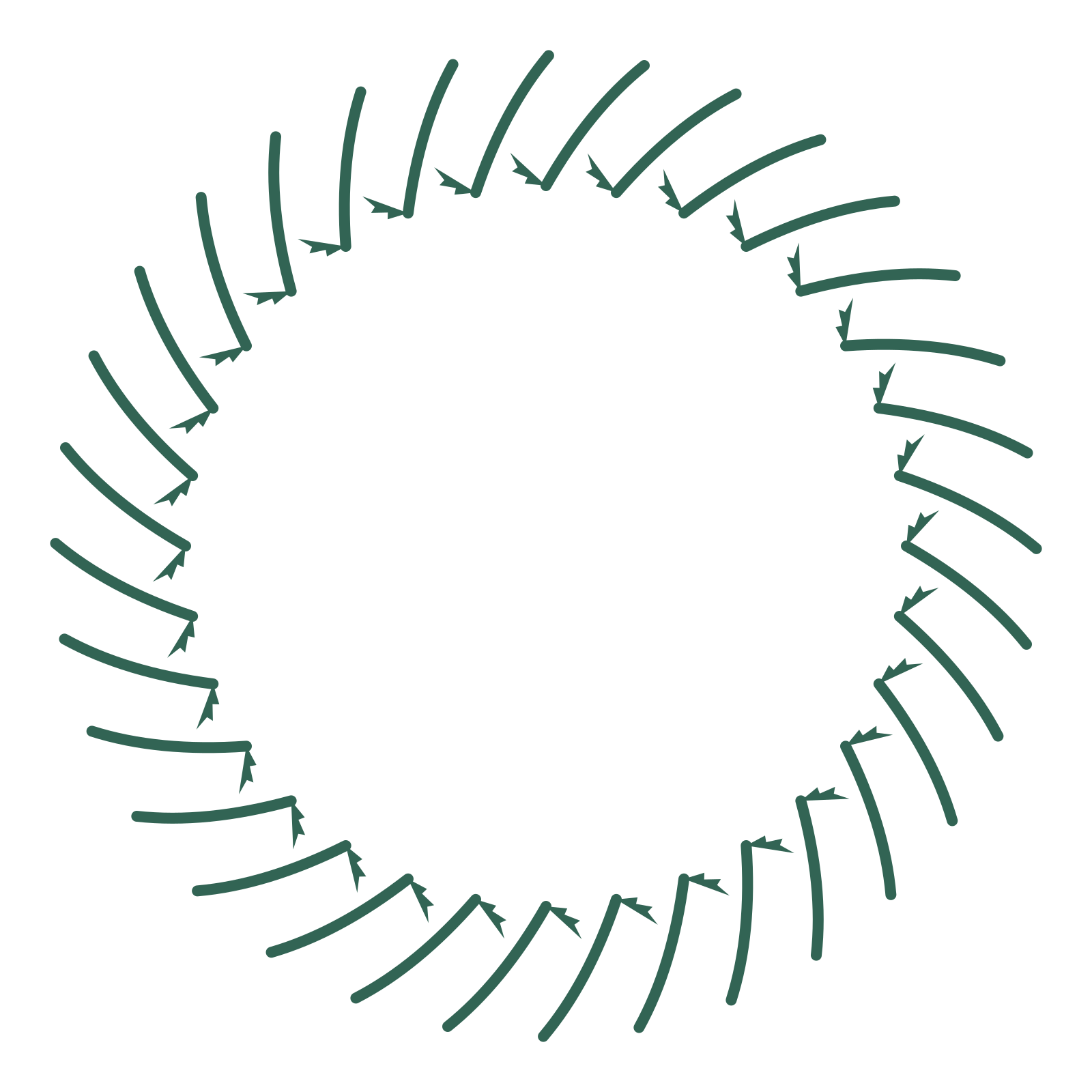 A full fern wreath made from 32 leafy motifs around an empty centre.