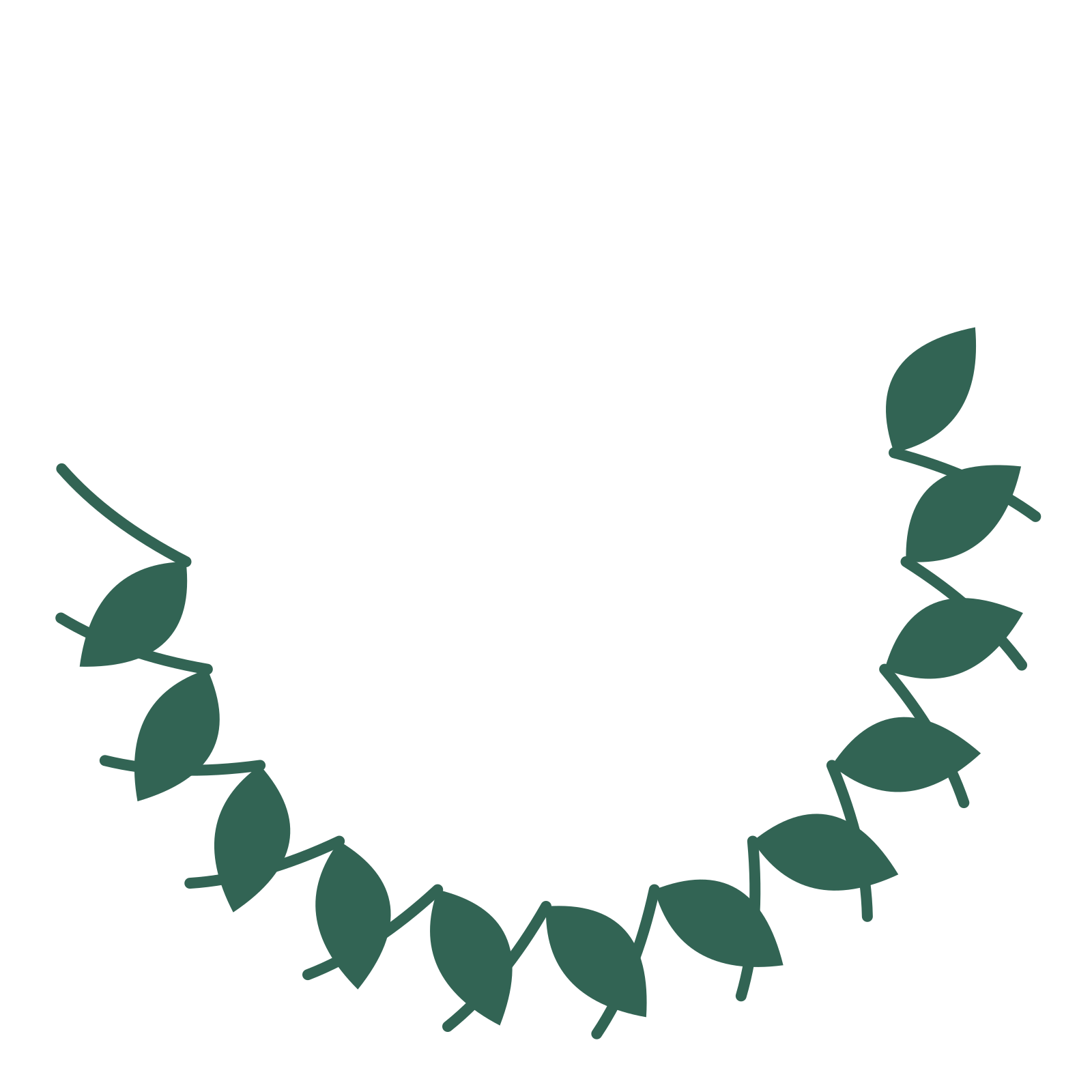 A crescent laurel wreath made from 12 leafy motifs around an empty centre.