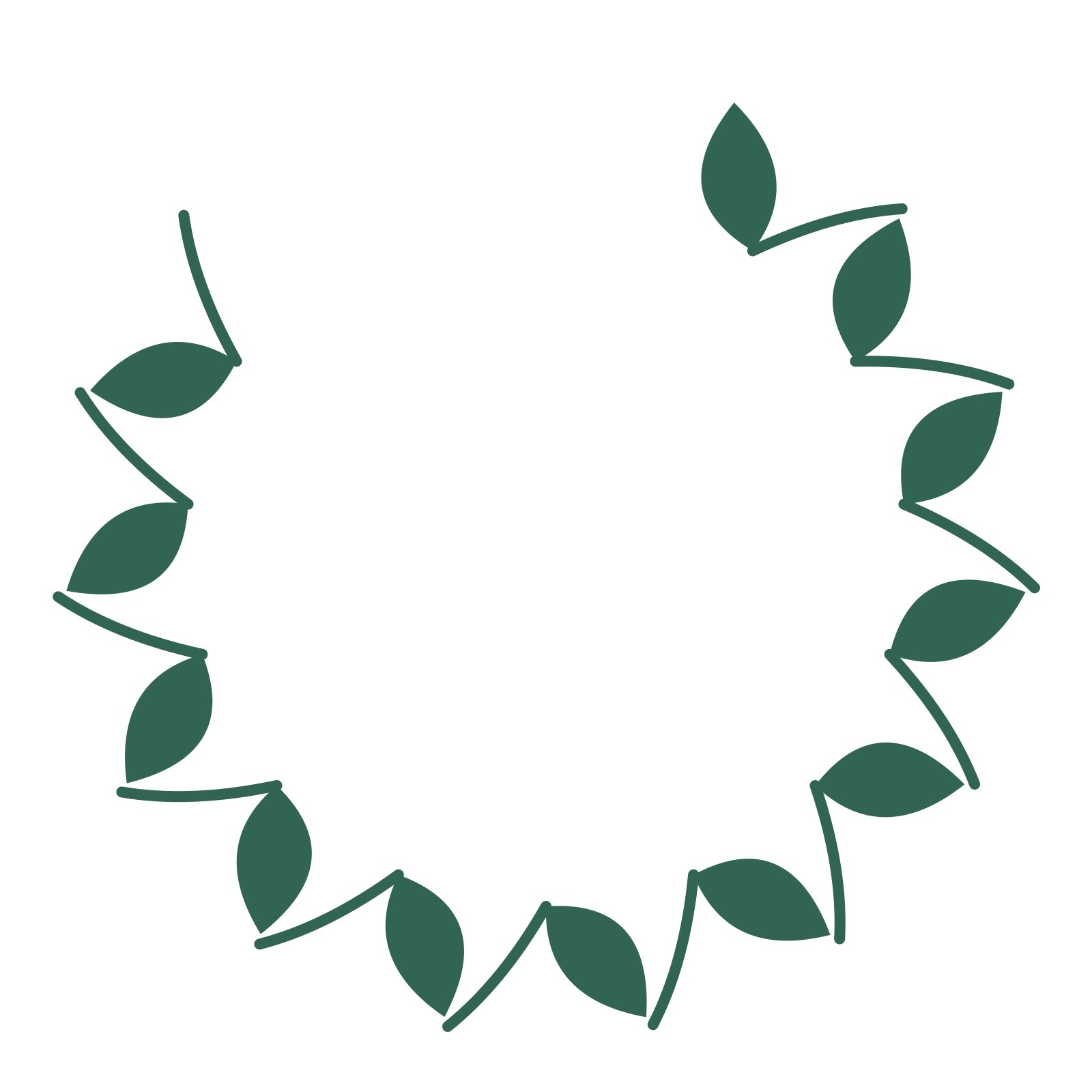 A open top laurel wreath made from 12 leafy motifs around an empty centre.