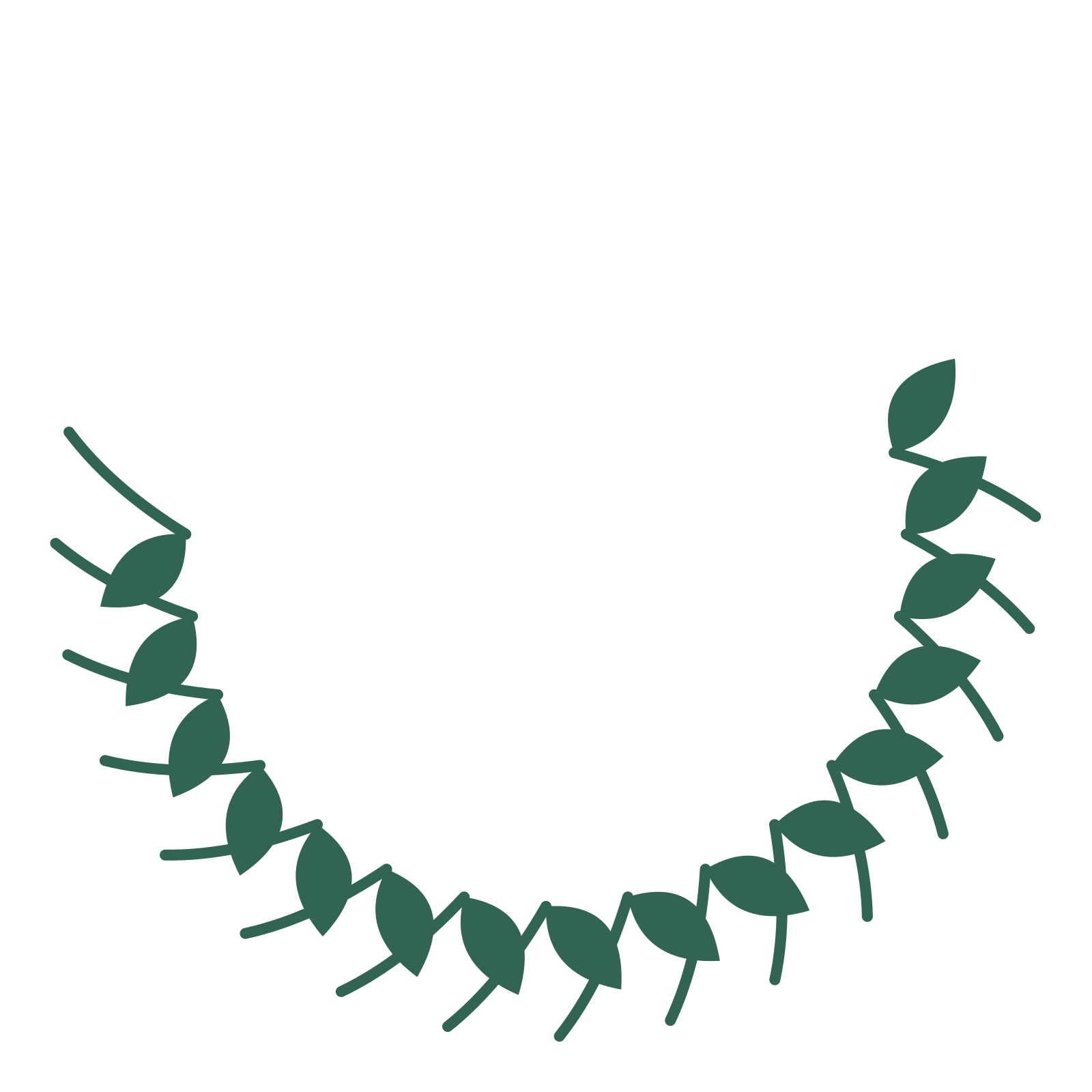 A crescent laurel wreath made from 16 leafy motifs around an empty centre.
